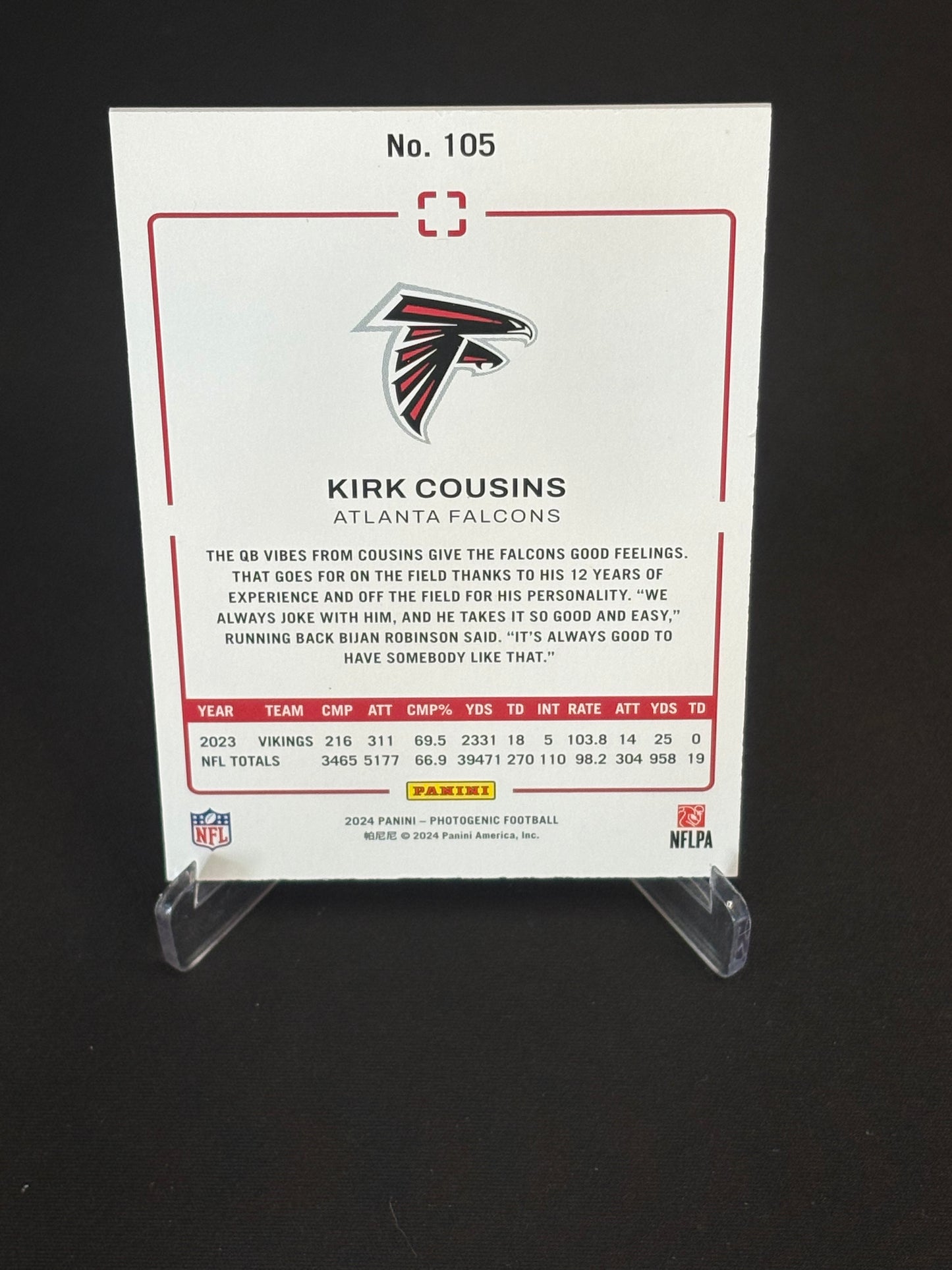 Kirk Cousins Photogenic 2024 "Red 03/49" Atlanta Falcons