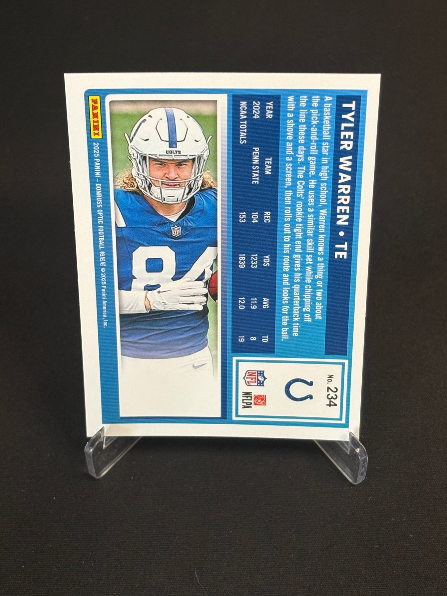 Tyler Warren RC Donruss Optic 2025 "Base" Indianapolis Colts