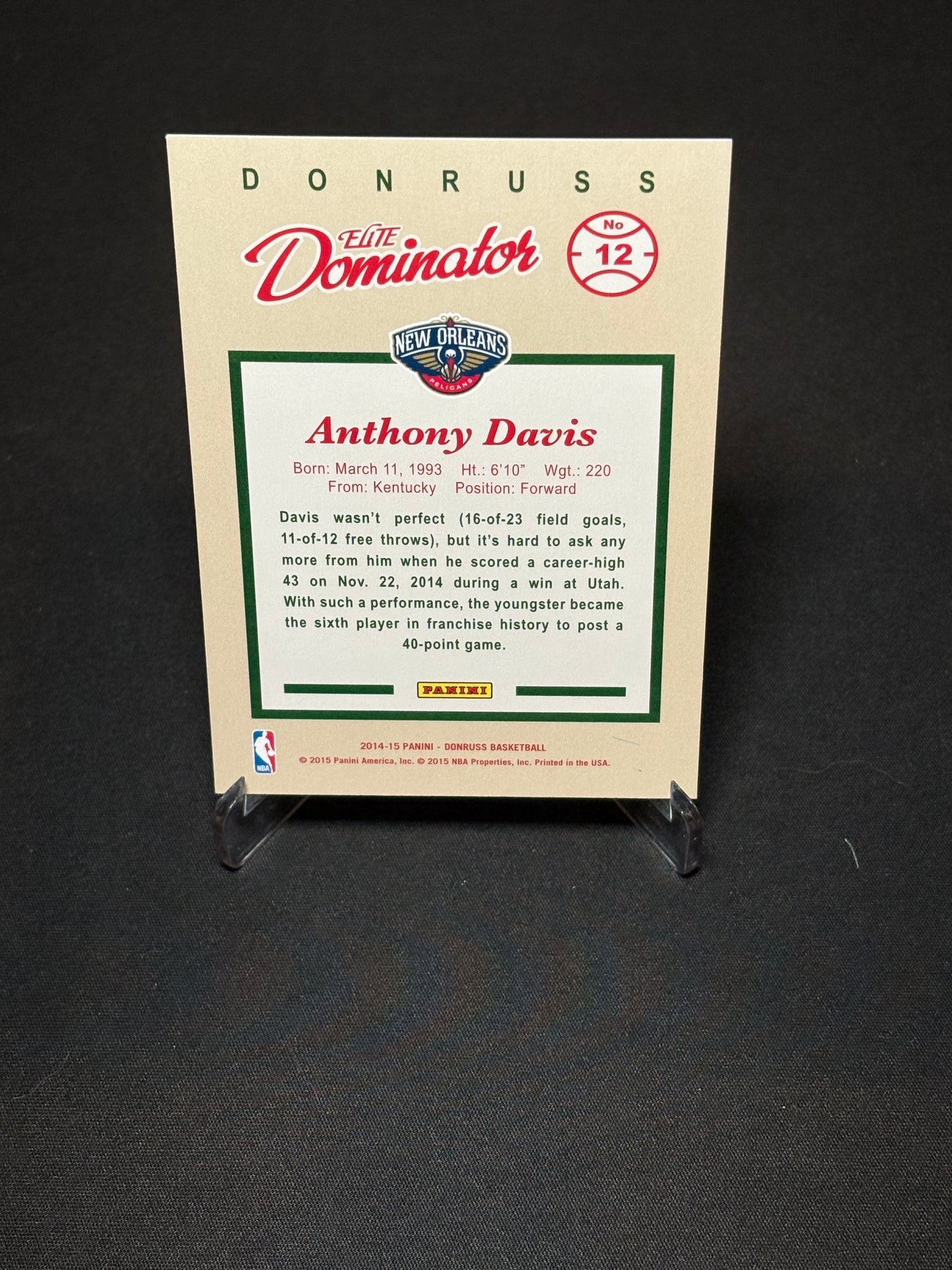 Anthony Davis Panini Donruss 2014-15 "Green Pandora /999 Elite Dominator" N.O Pelicans