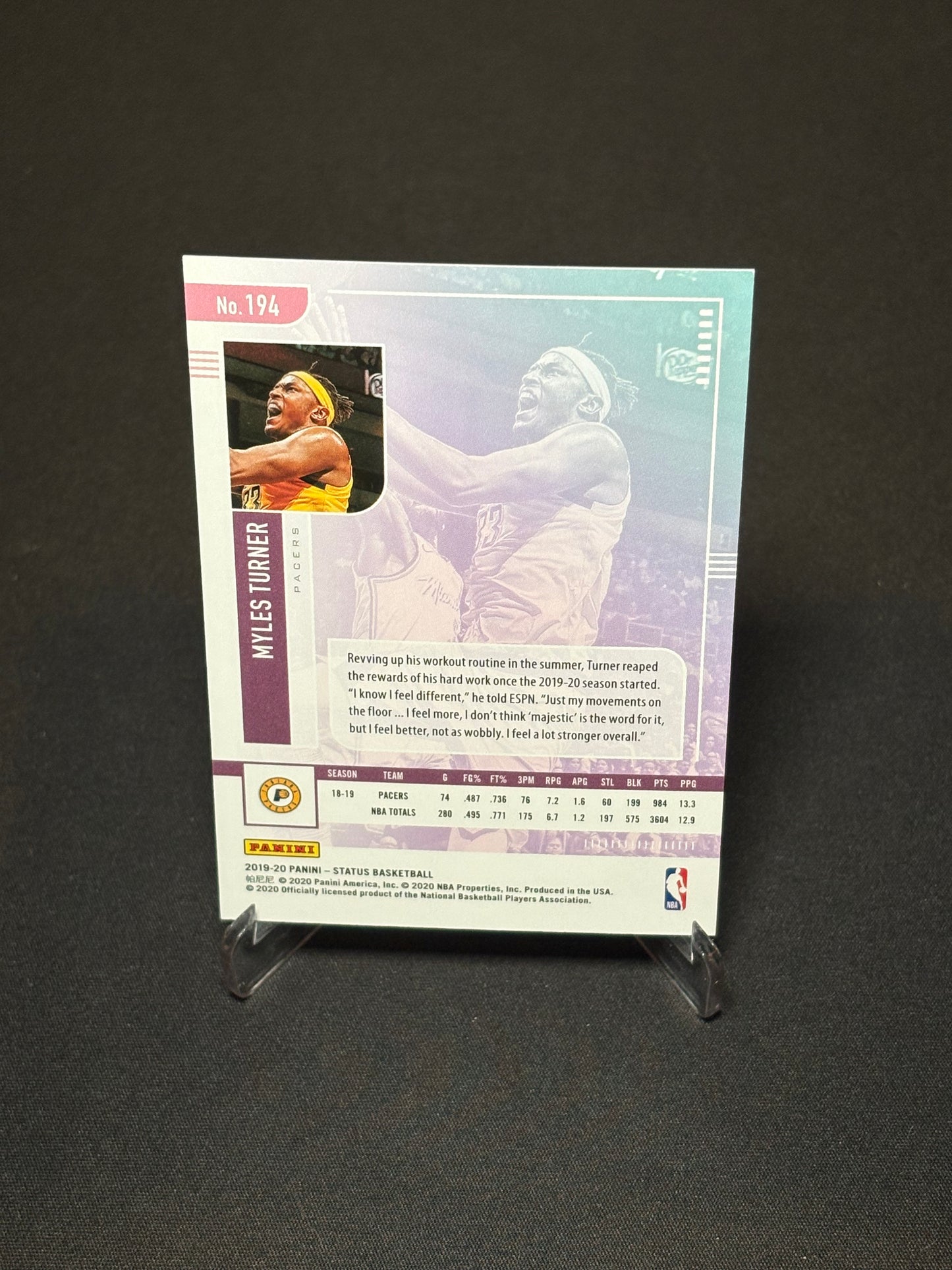 Myles Turner Panini Status 2019-20 "Num /125" Indiana Pacers