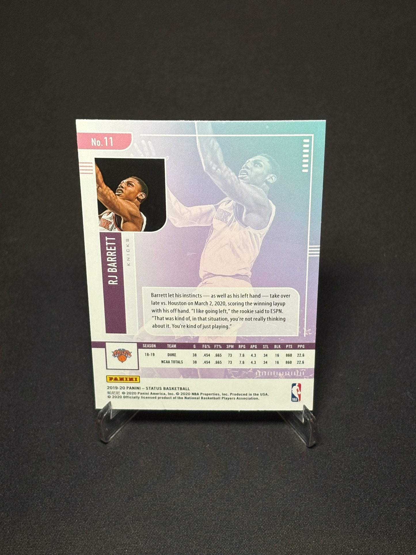 Rj Barrett RC Panini Status 2019-20 "Base" New York Knicks