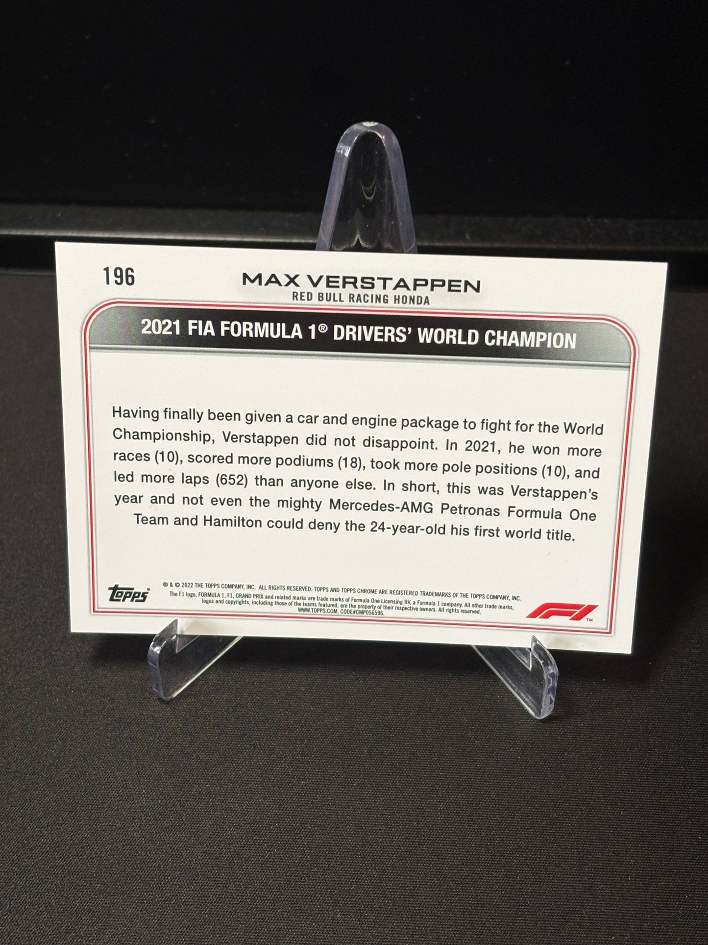 Max Verstappen Topps Chrome F1 2022 "Award Winners #196"