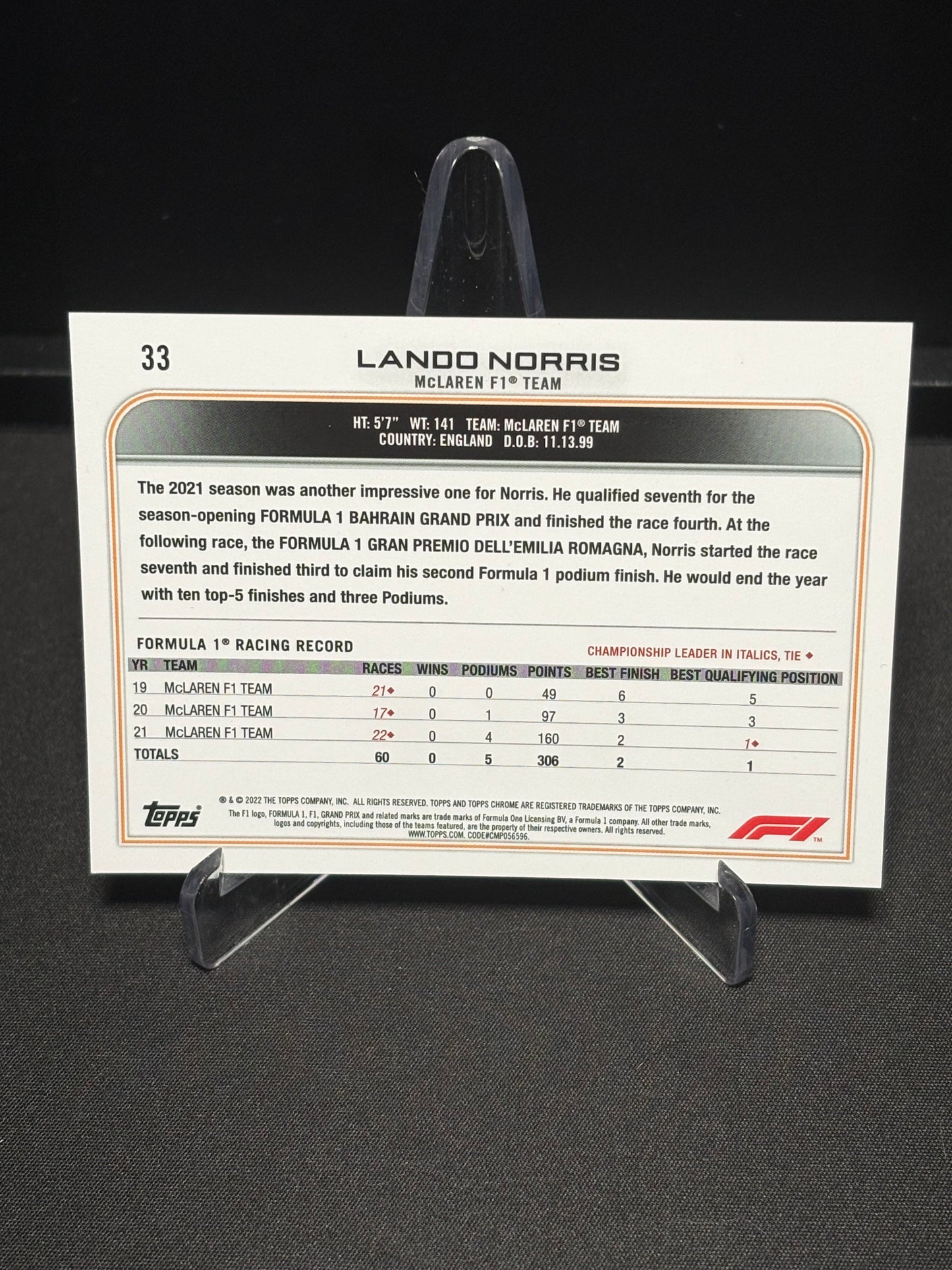 Lando Norris Topps Chrome F1 2022 "Base #33"