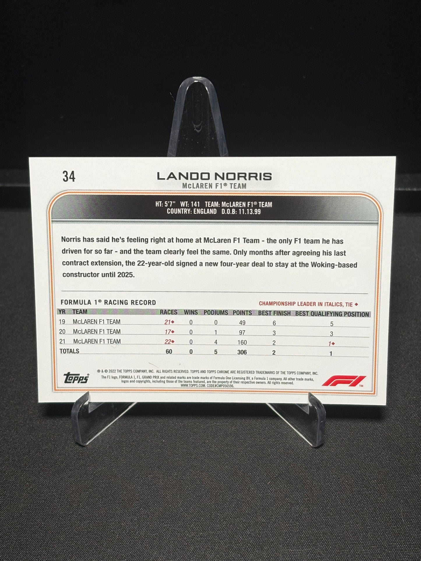 Lando Norris Topps Chrome F1 2022 "Base #34"
