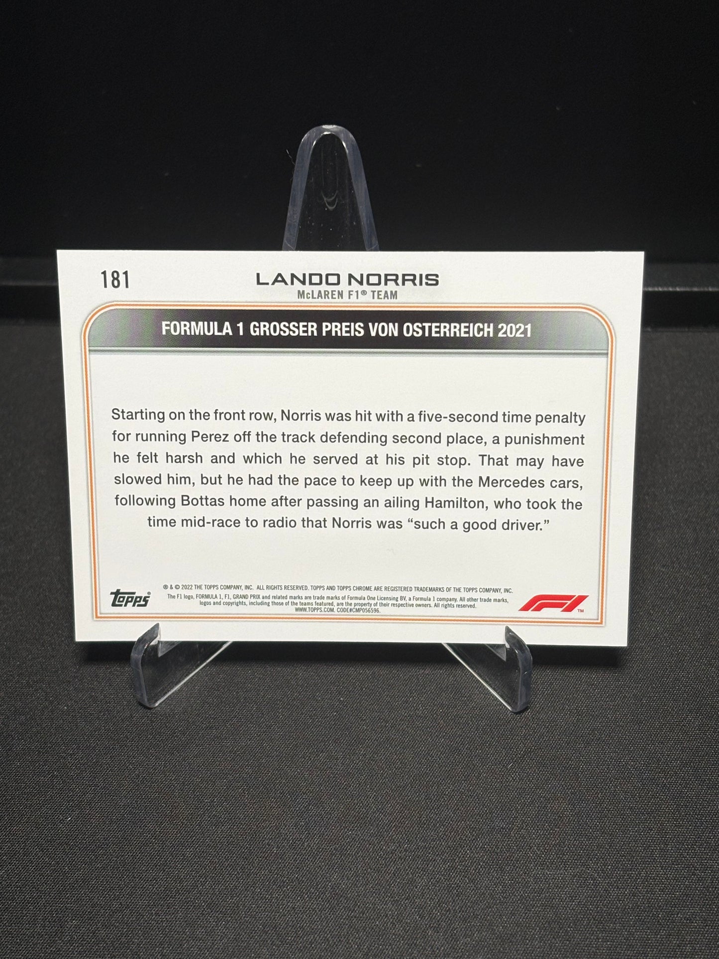 Lando Norris Topps Chrome F1 2022 "Ray Wave Driver of the Day #181"