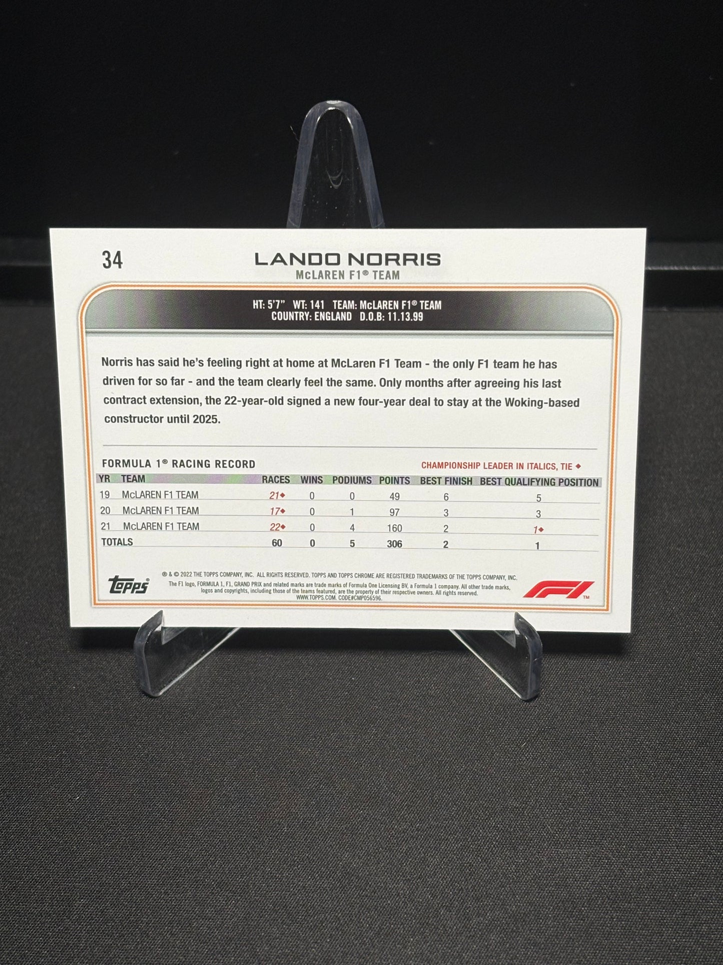 Lando Norris Topps Chrome F1 2022 "Ray Wave #34"