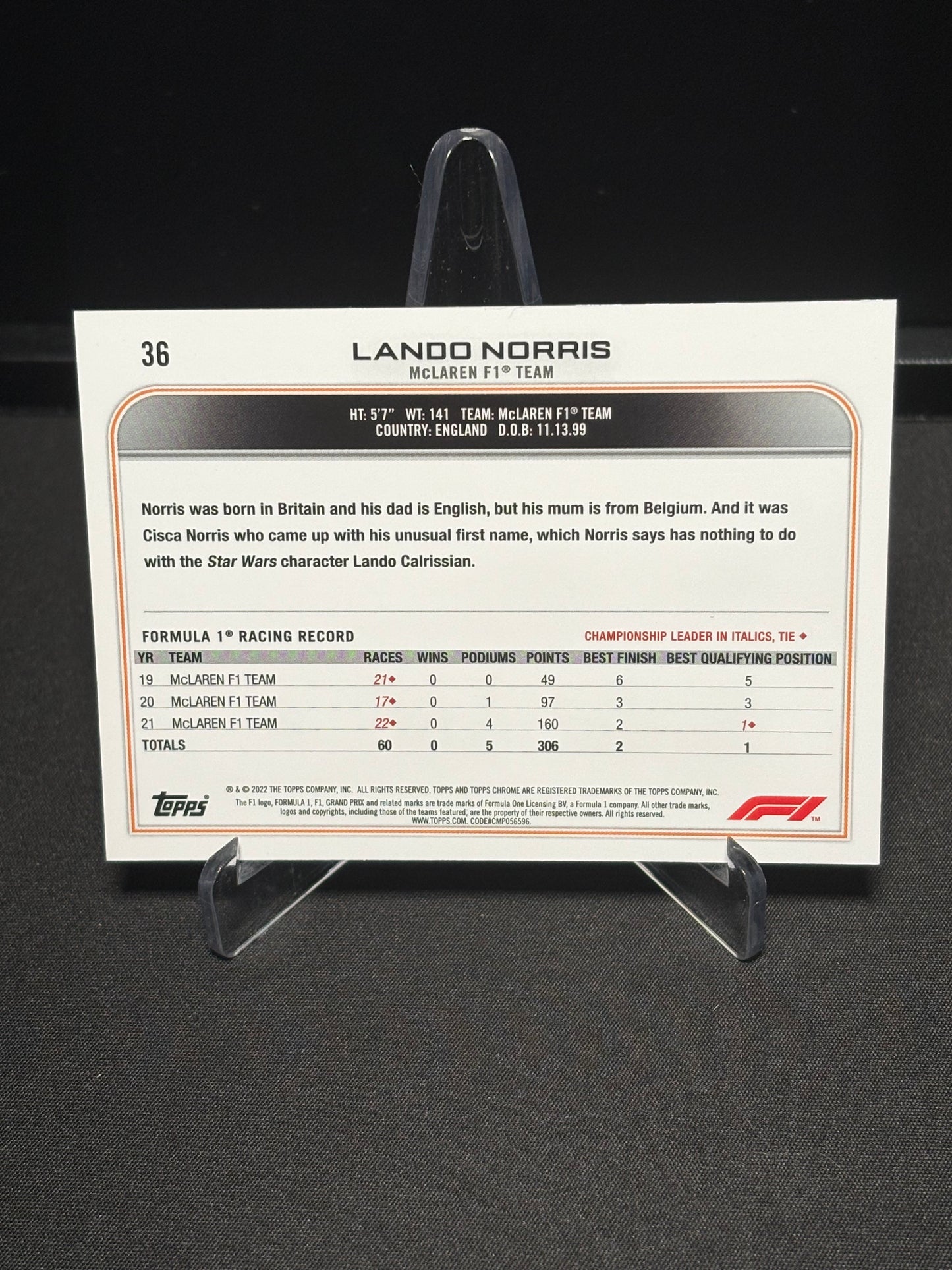 Lando Norris Topps Chrome F1 2022 "Checker Flag #36"