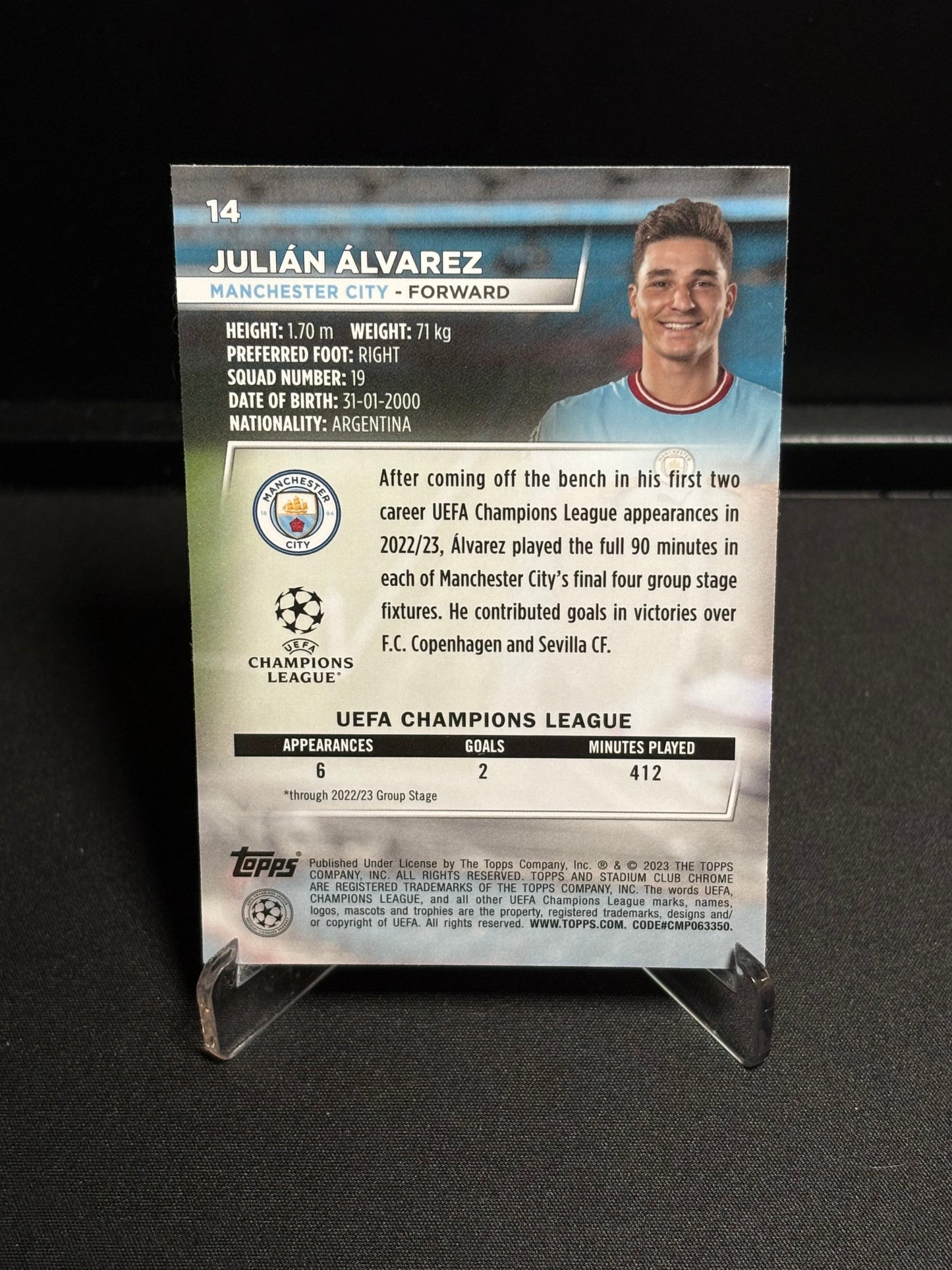 Julian Alvarez RC Topps Stadium Club 2022-23 "Blue Prizm" Manchester City