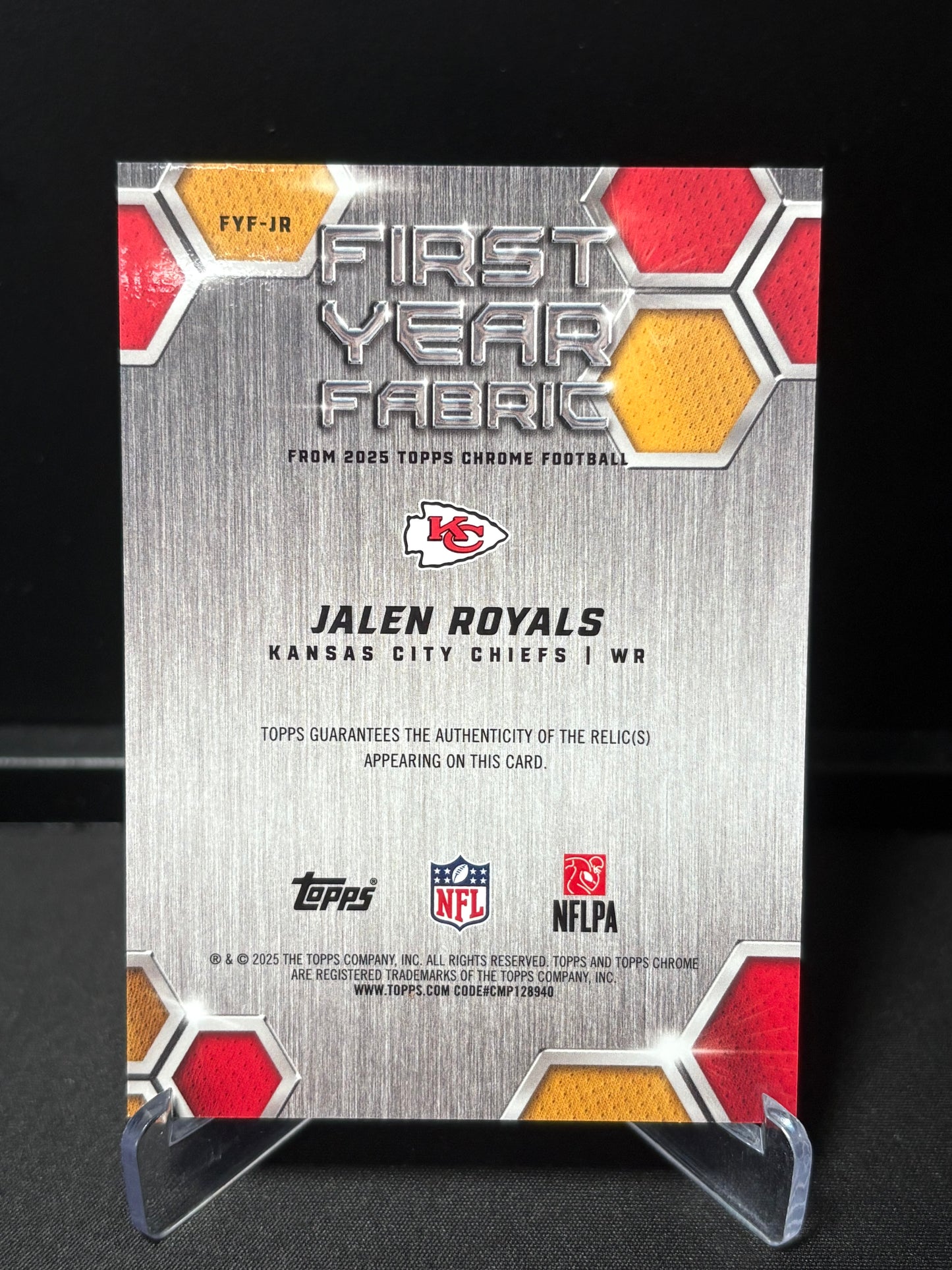 Jalen Royals RC Topps Chrome 2026 "First Year Fabric" Kansas City Chiefs