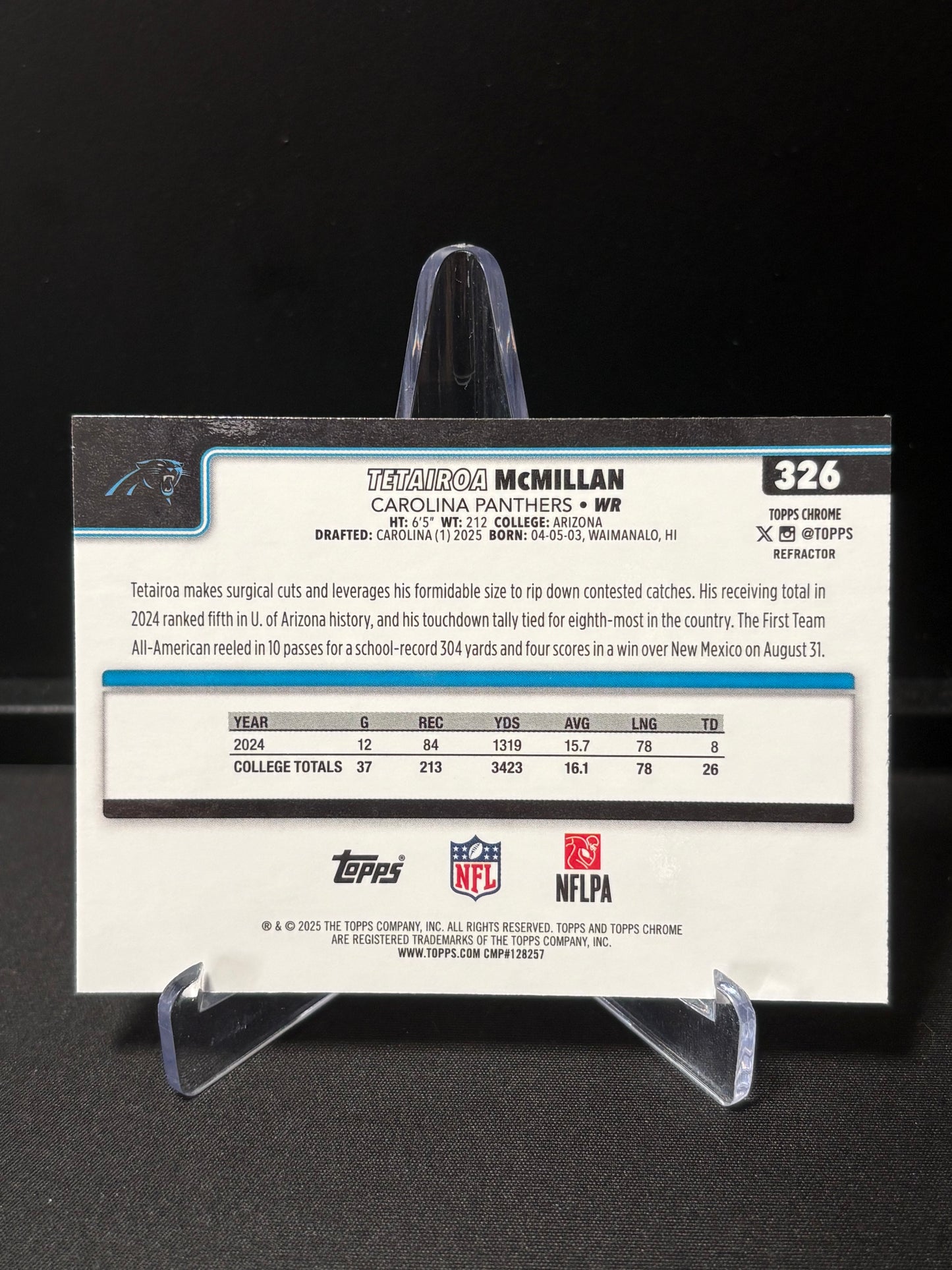 Tetairoa McMillan RC Topps Chrome 2026 "Refractor" Carolina Panthers
