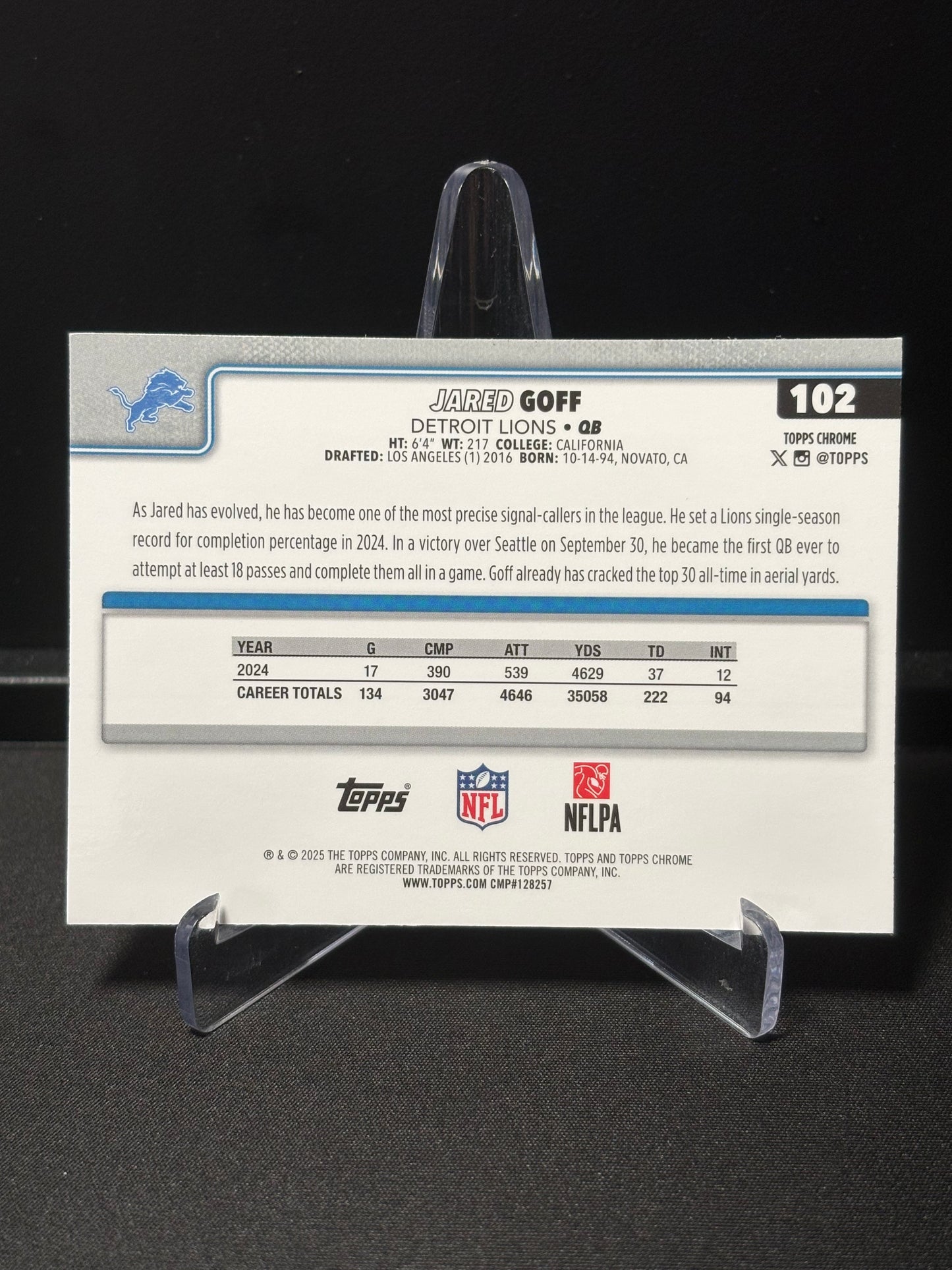 Jared Goff Topps Chrome 2026 "Lime X-Fractor" Detroit Lions