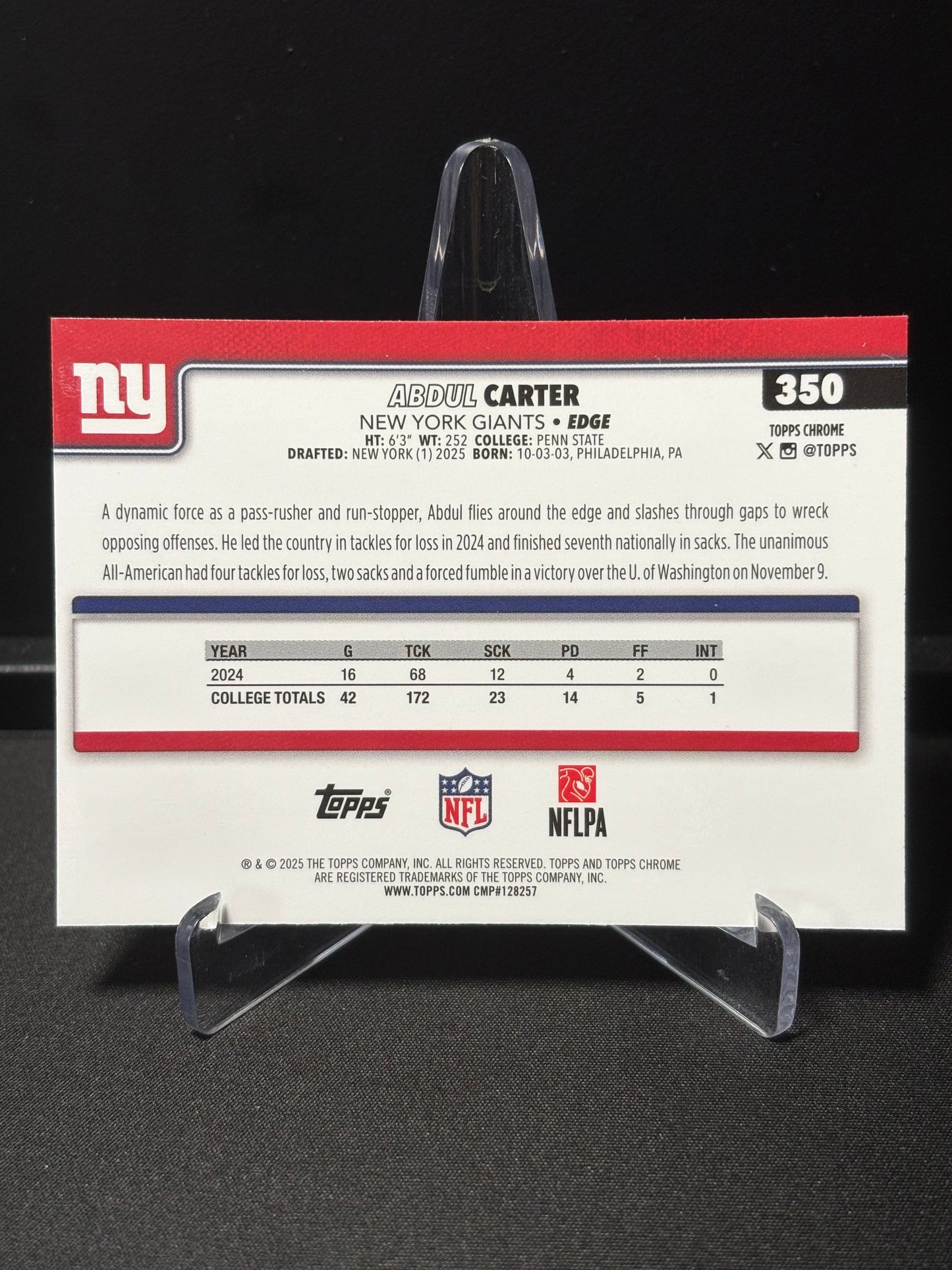 Abdul Carter RC Topps Chrome 2026 "X-Fractor" New York Giants