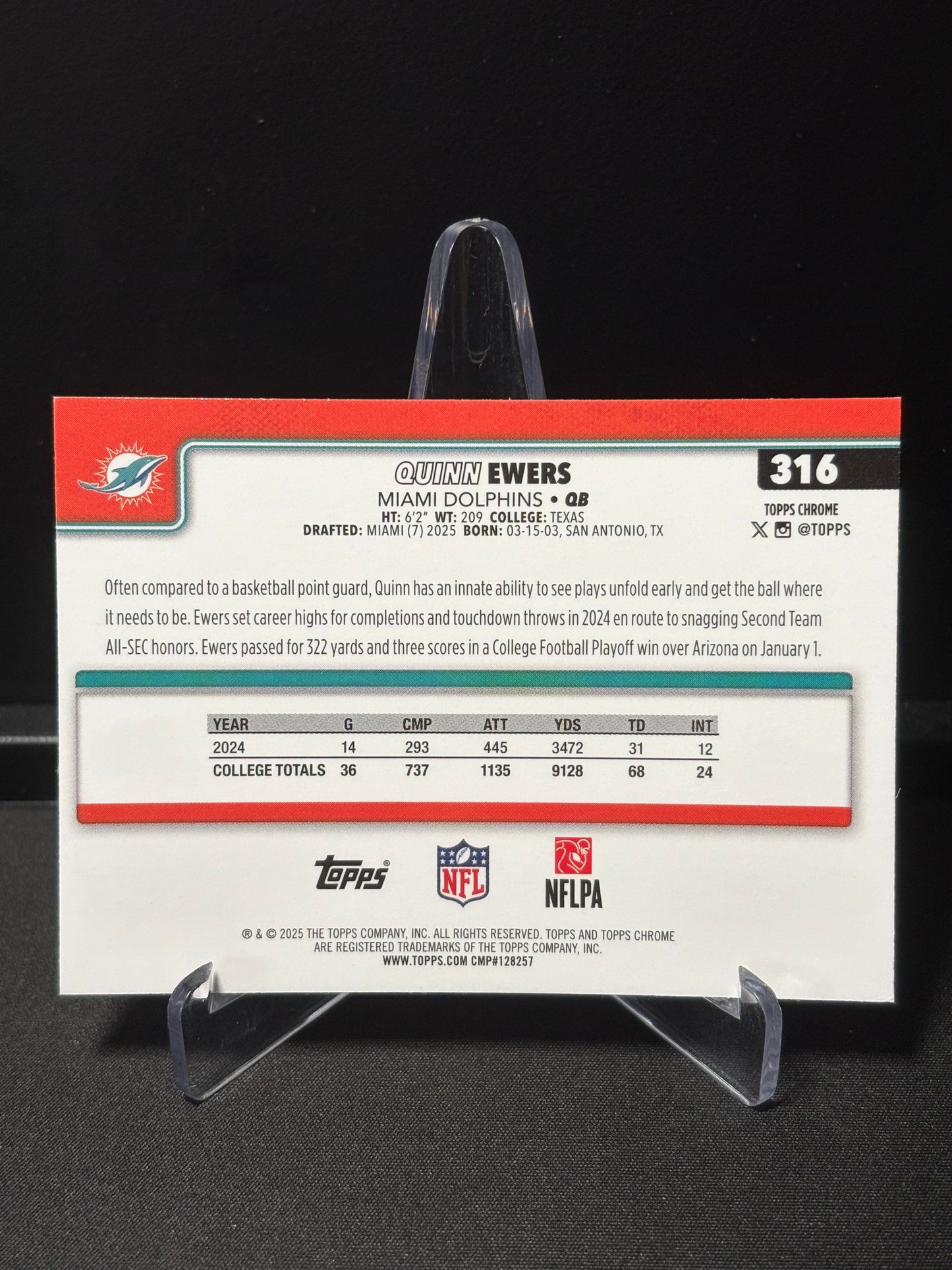 Quinn Ewers RC Topps Chrome 2026 "X-Fractor" Miami Dolphins