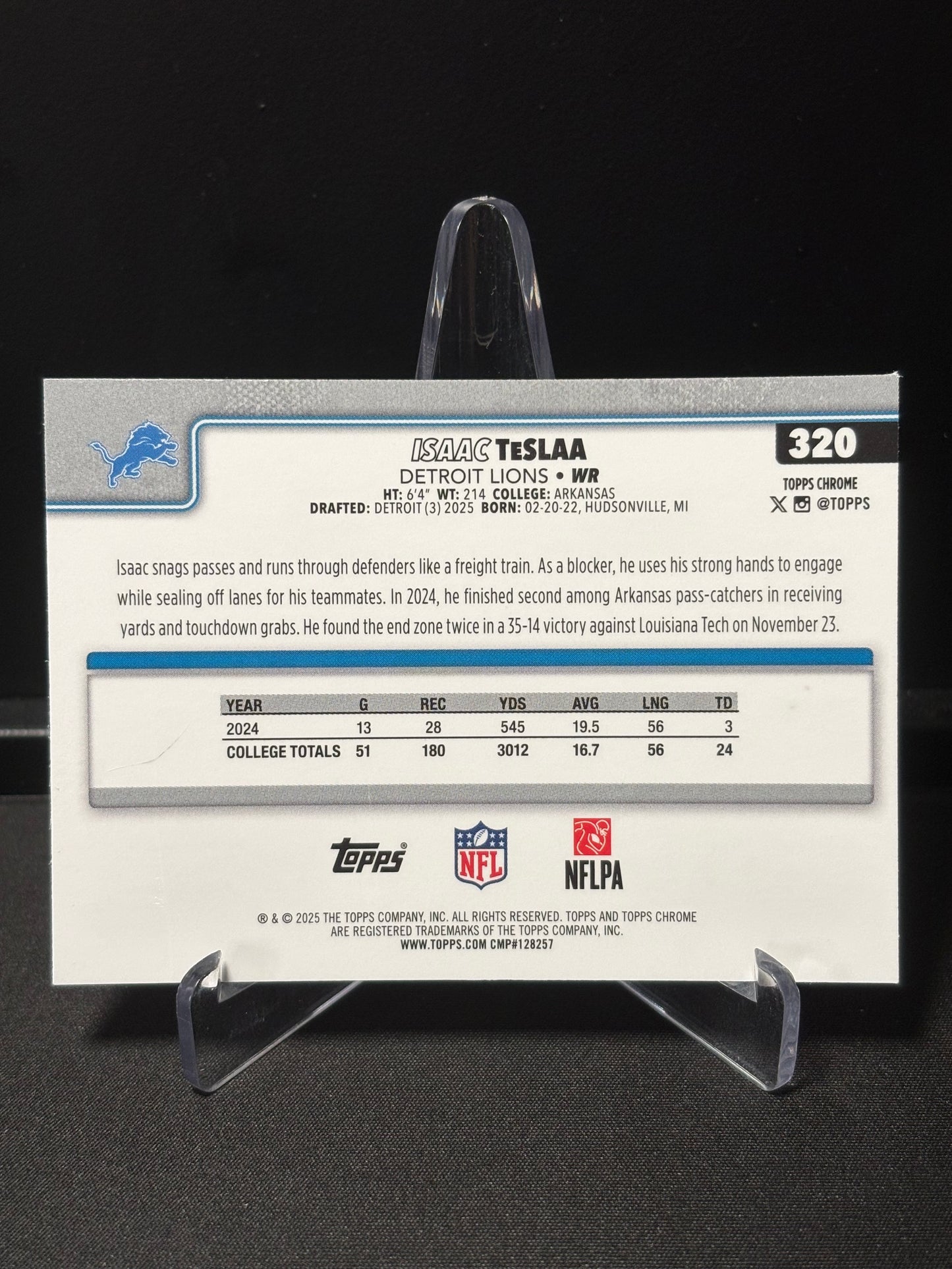 Isaac TeSlaa RC Topps Chrome 2026 "Pink X-Fractor" Detroit Lions
