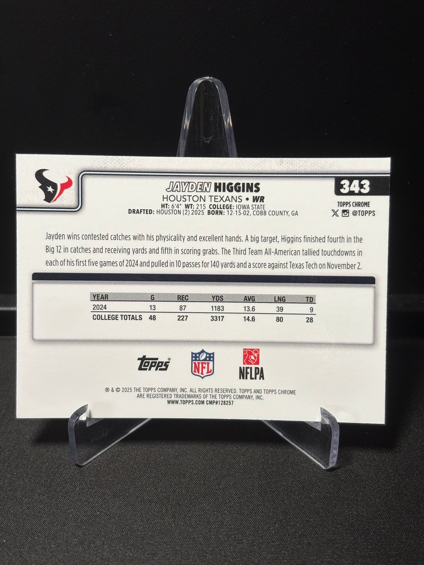 Jayden Higgins RC Topps Chrome 2026 "Pink X-Fractor" Houston Texans