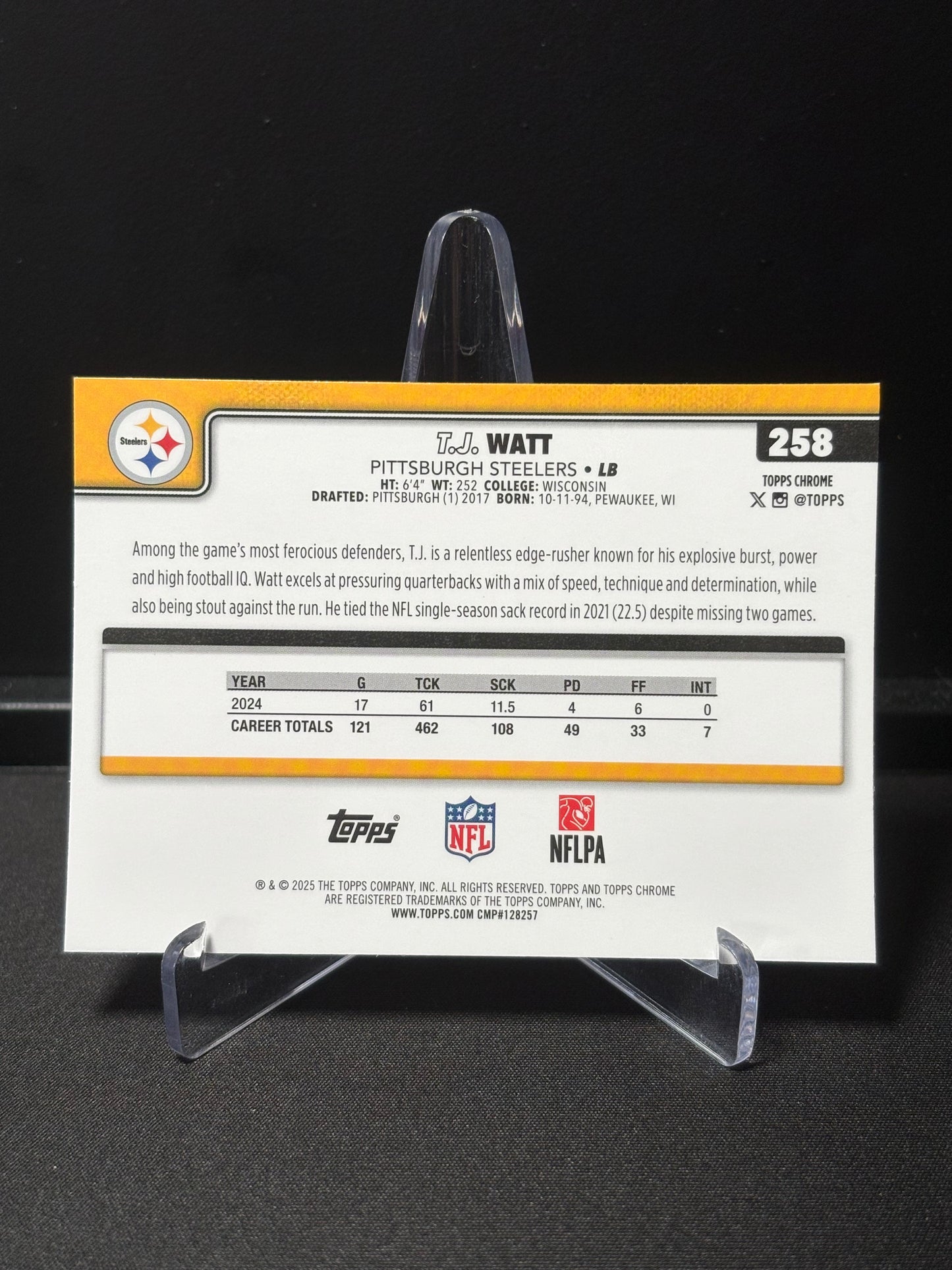 T.J. Watt Topps Chrome 2026 "Pink X-Fractor" Pittsburgh Steelers