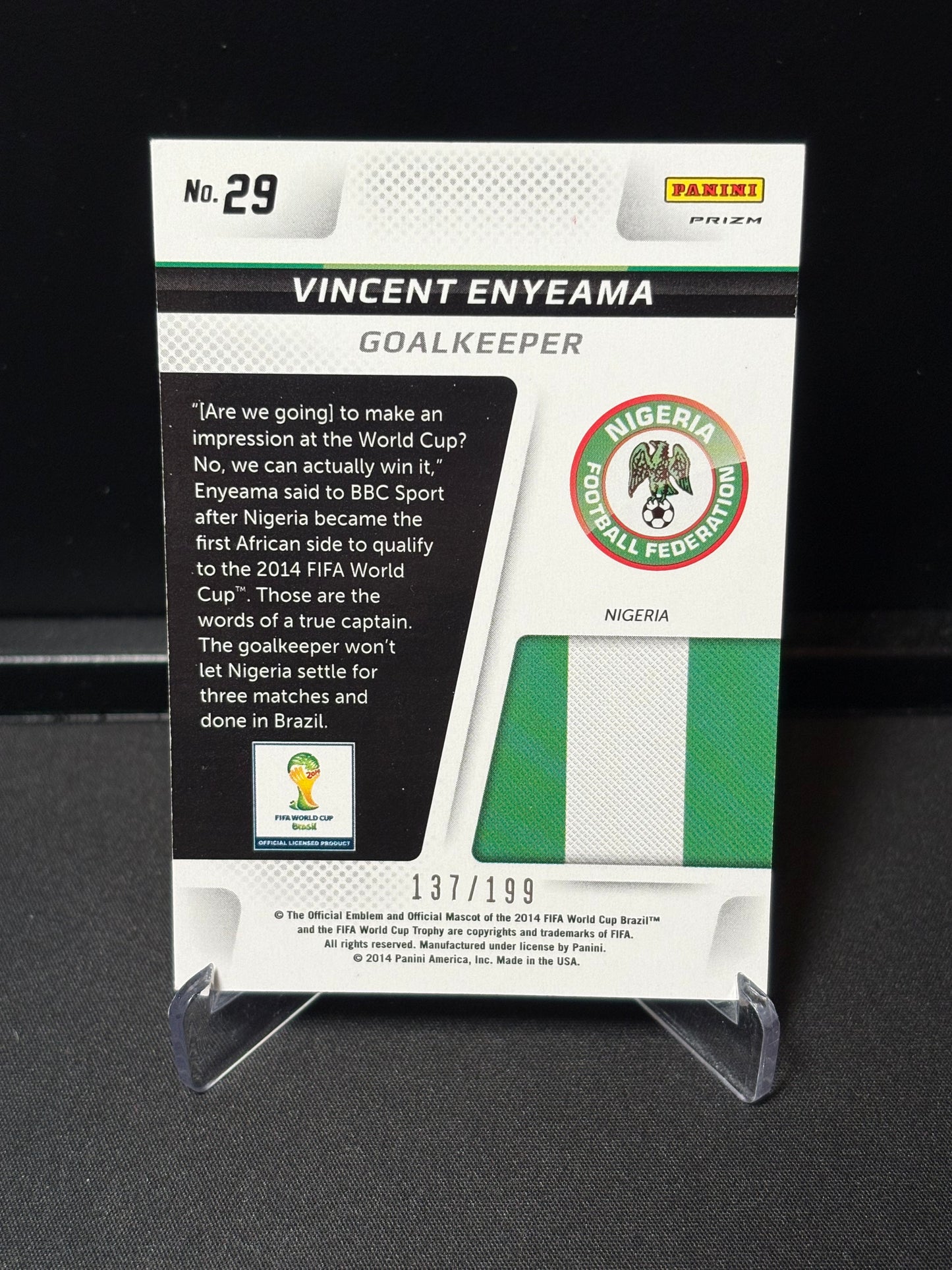 Vincent Enyeama Panini Prizm World Cup 2014 "Cup Captains" Blue /199 Nigéria