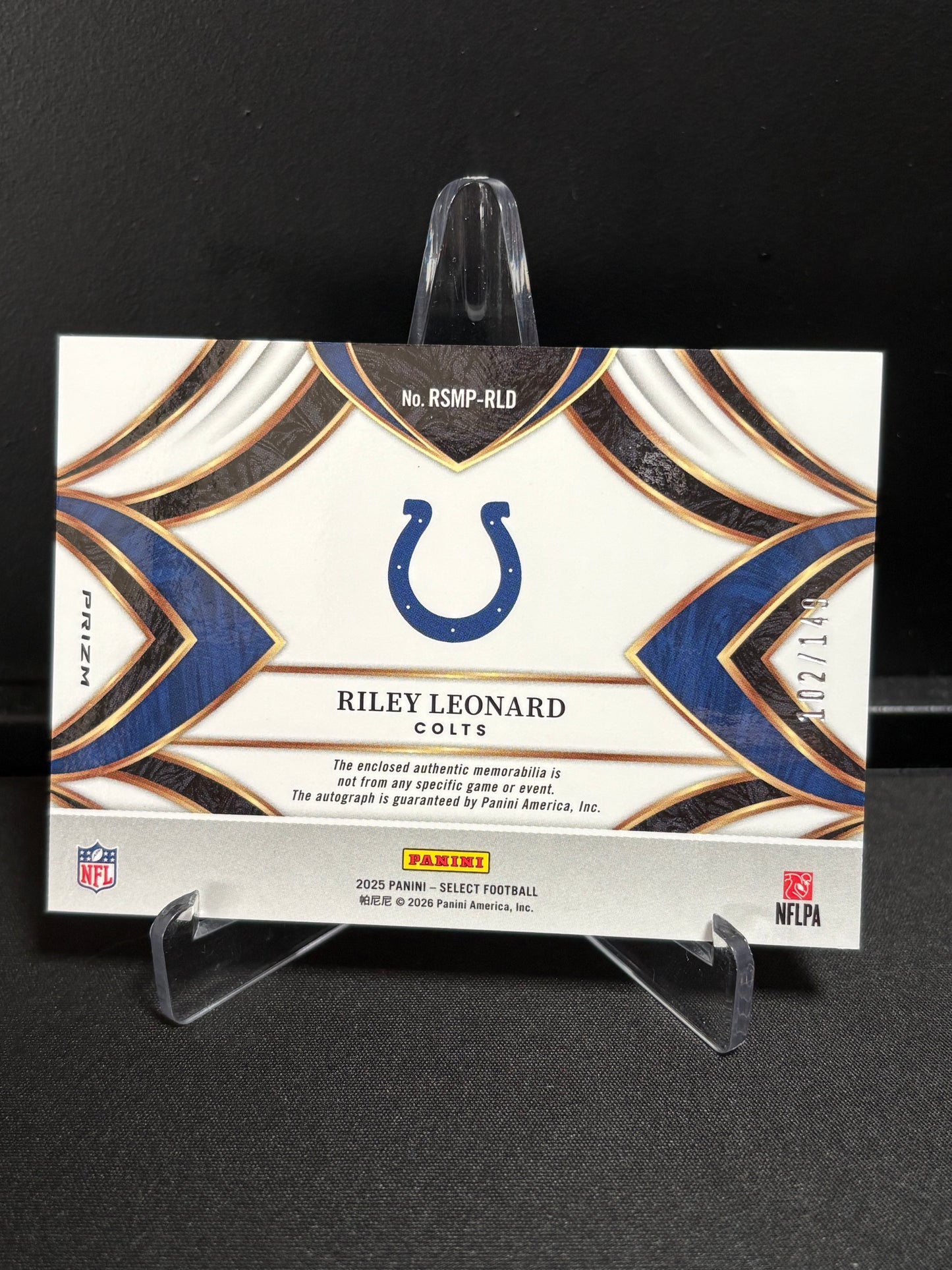 Riley Leonard RC Panini Select 2025 "RPA Color Match /149" Indianapolis Colts