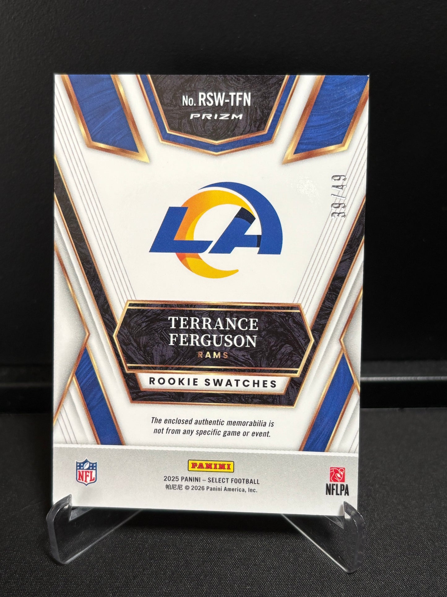 Terrance Ferguson RC Panini Select 2025 "Rookie Swatches Bronze /49" Los Angeles Rams