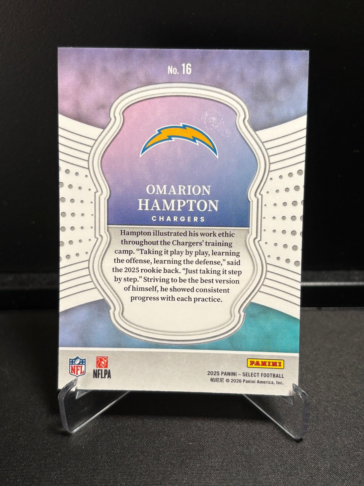 Omarion Hampton RC Panini Select 2025 "Select Certified" Los Angeles Chargers