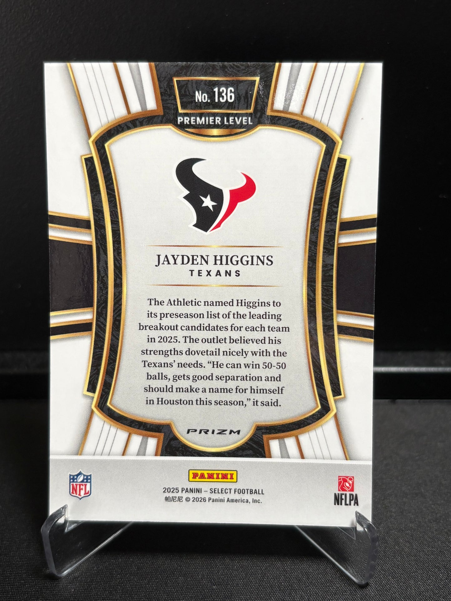 Jayden Higgins RC Panini Select 2025 "Pink Shock" Premier Level Houston Texans