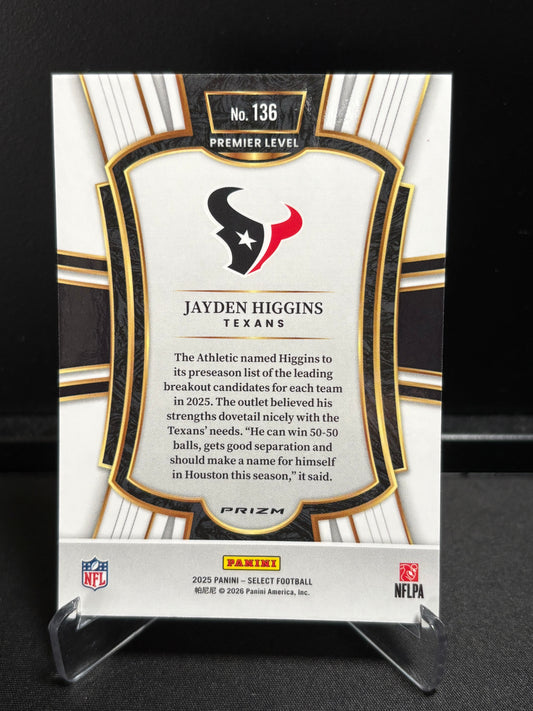 Jayden Higgins RC Panini Select 2025 "Pink Shock" Premier Level Houston Texans