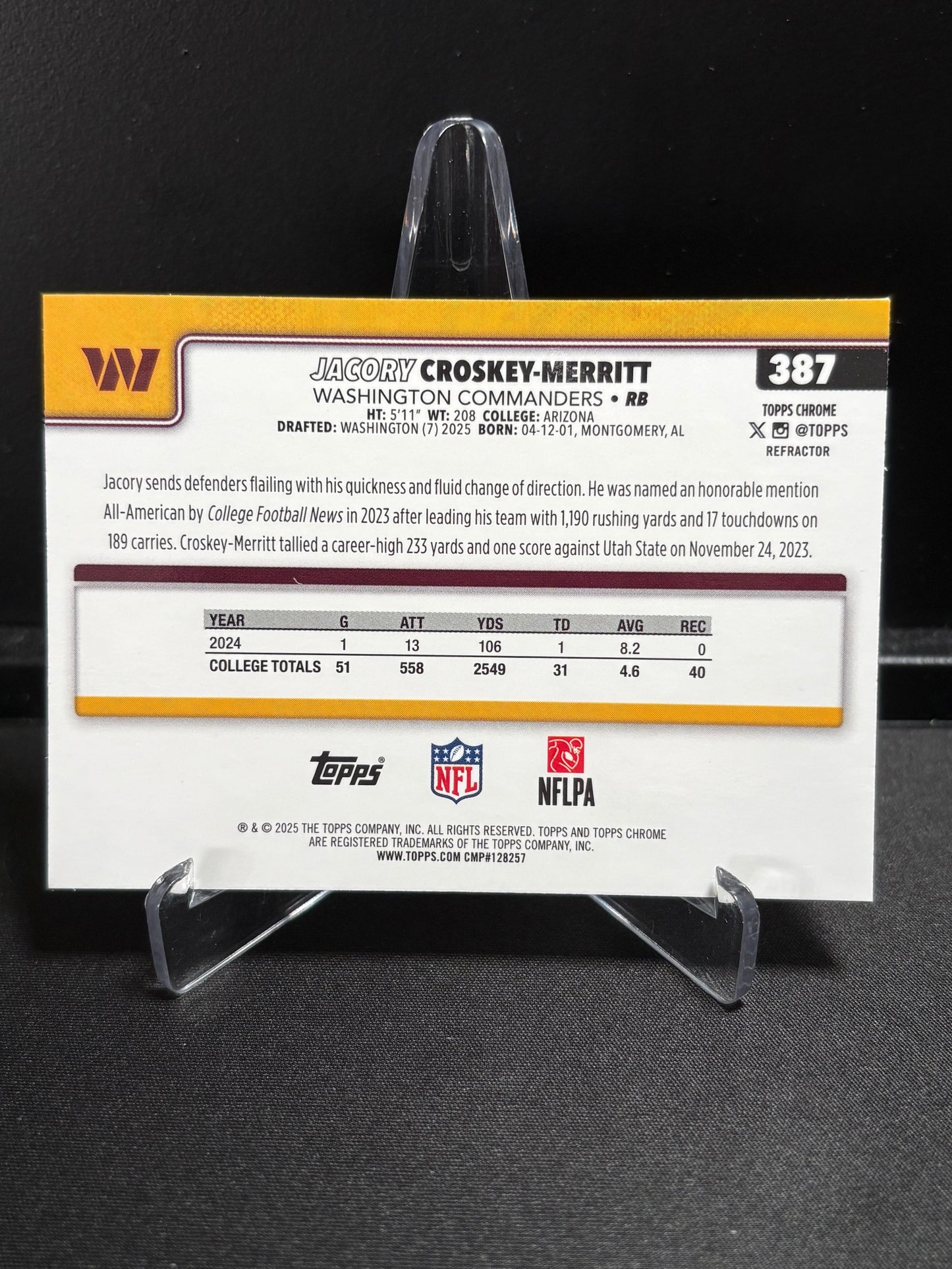 Jacory Croskey-Merritt RC Topps Chrome 2025 "Refractor" Washington Commanders