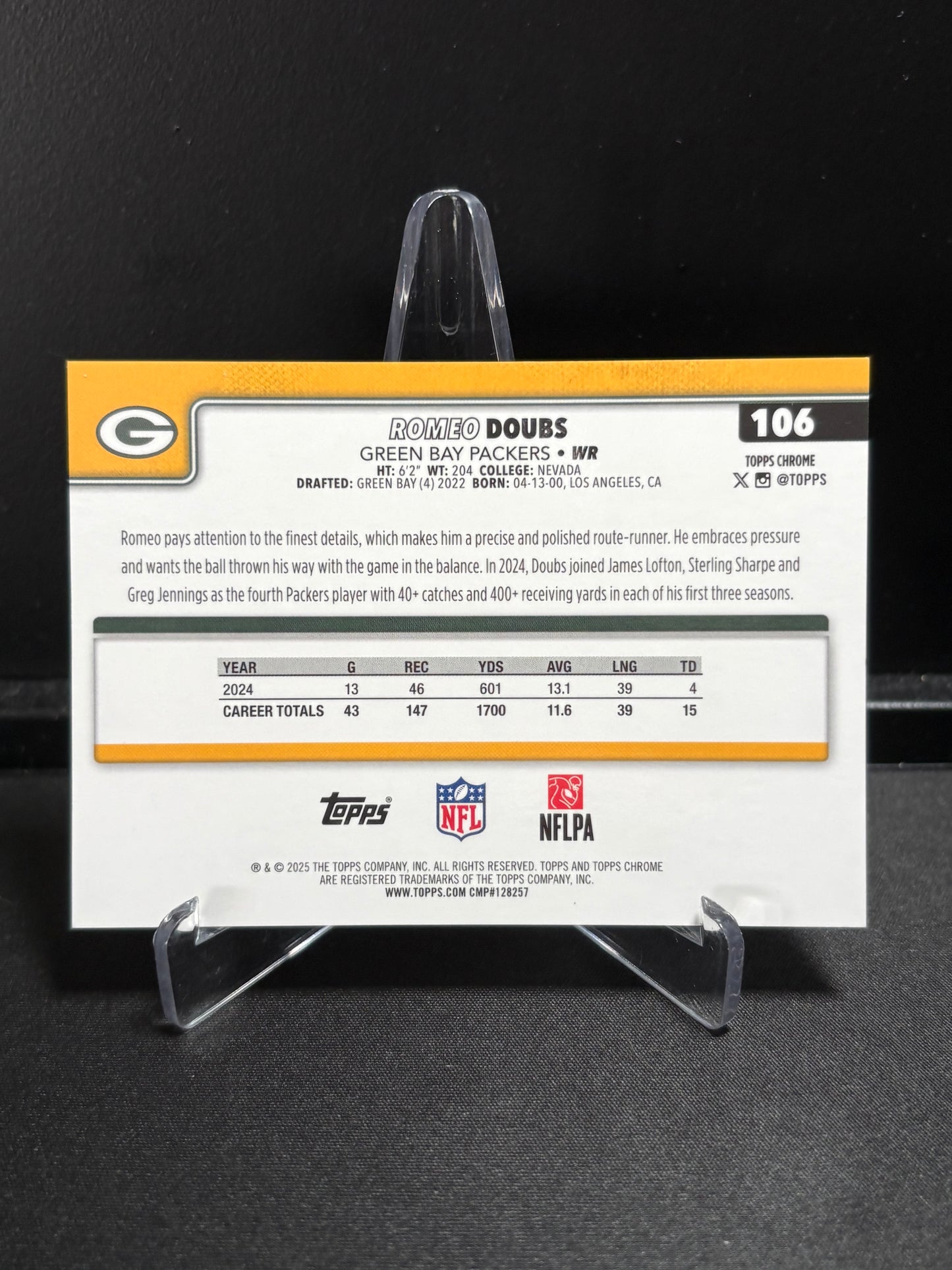 Romeo Doubs Topps Chrome 2025 "Gold Wave /50" Green Bay Packers