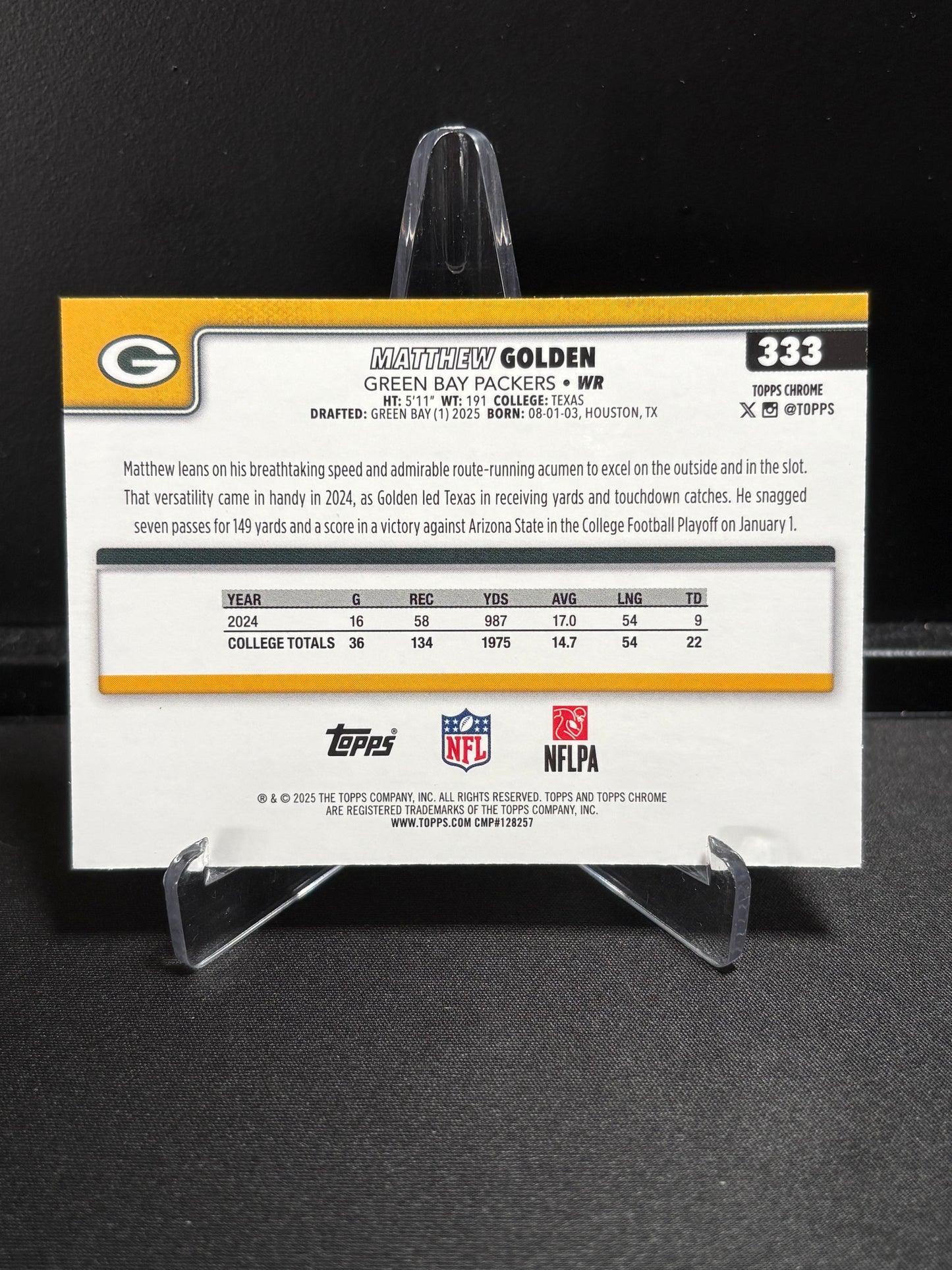 Matthew Golden RC Topps Chrome 2025 "Leather Refractor" Green Bay Packers