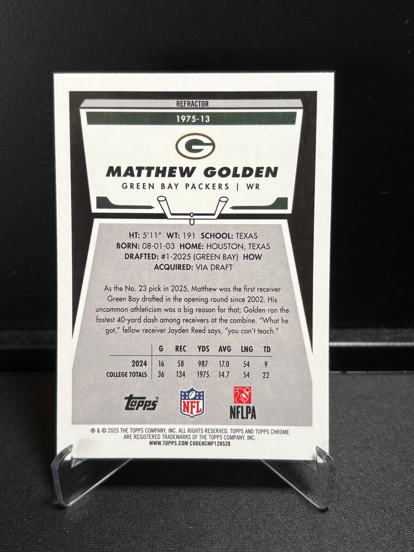 Matthew Golden RC Topps Chrome 2025 "1975 Topps Refractor" Green Bay Packers