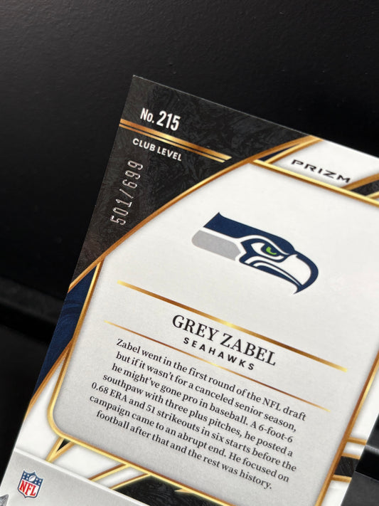 Grey Zabel RC Panini Select 2025 "Green Club Level /699" Seattle Seahawks