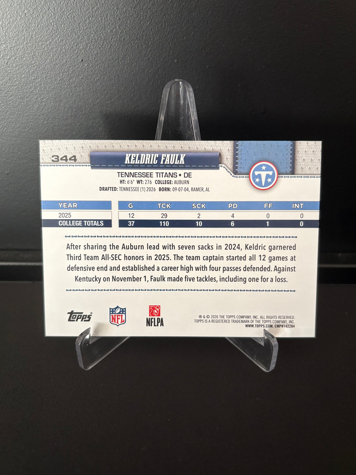 Topps NFL 2026 – Keldric Faulk #344 | Rookie Card – Tennessee Titans