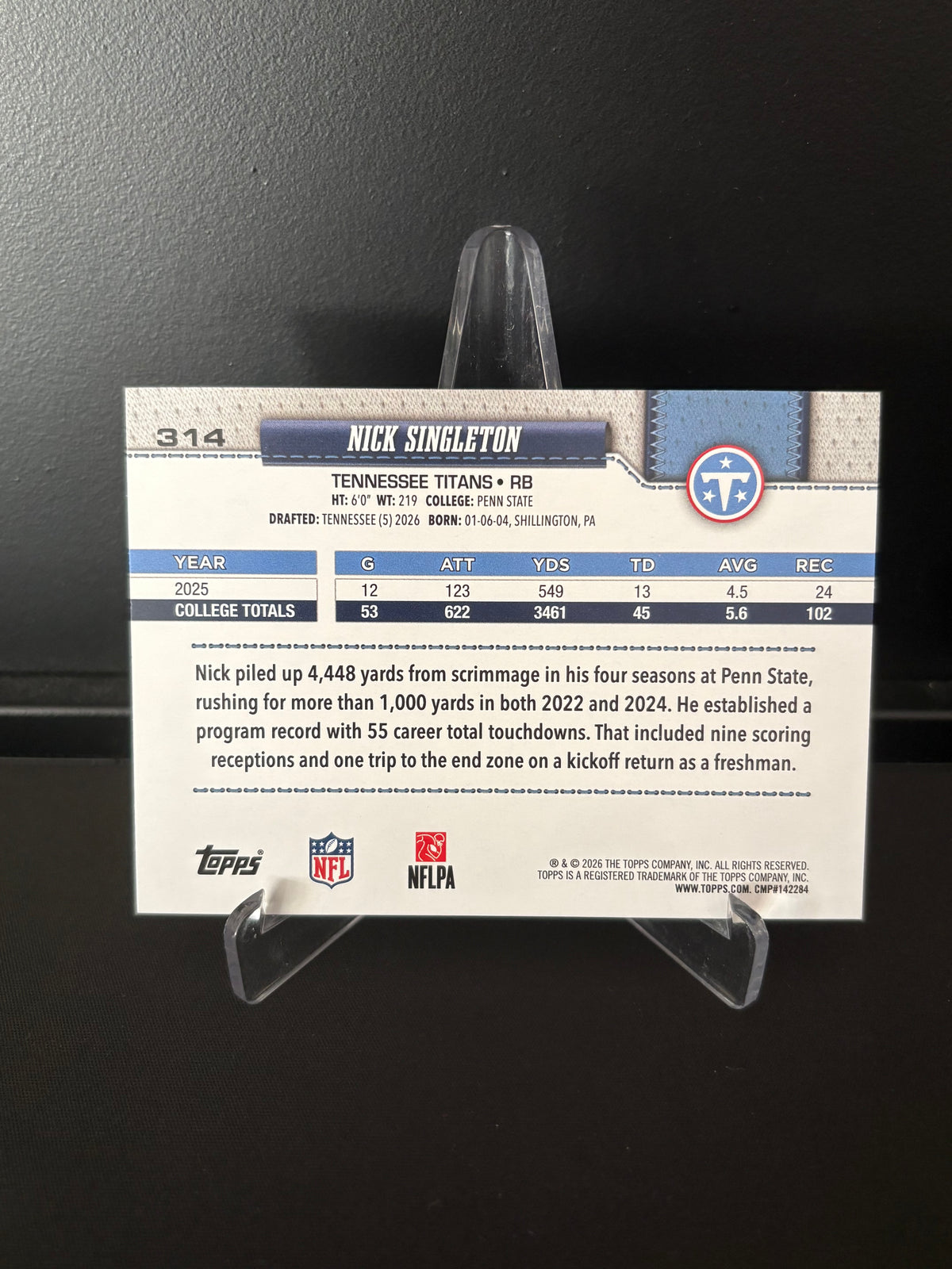 Topps NFL 2026 – Nick Singleton #314 | Rookie Card – Tennessee Titans