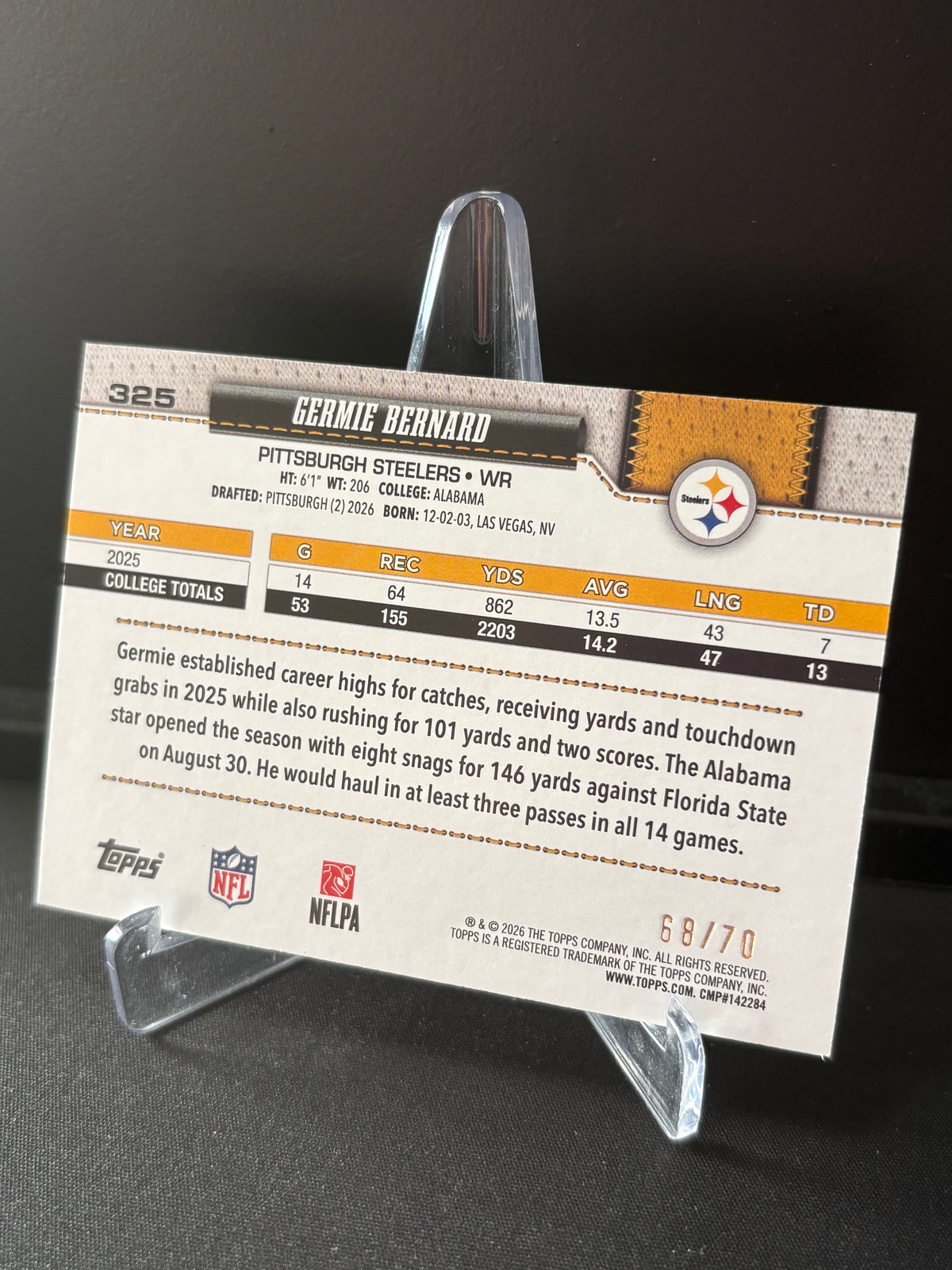 Topps Flagship NFL 2026 – Germie Bernard #325 RC | Black Border /70