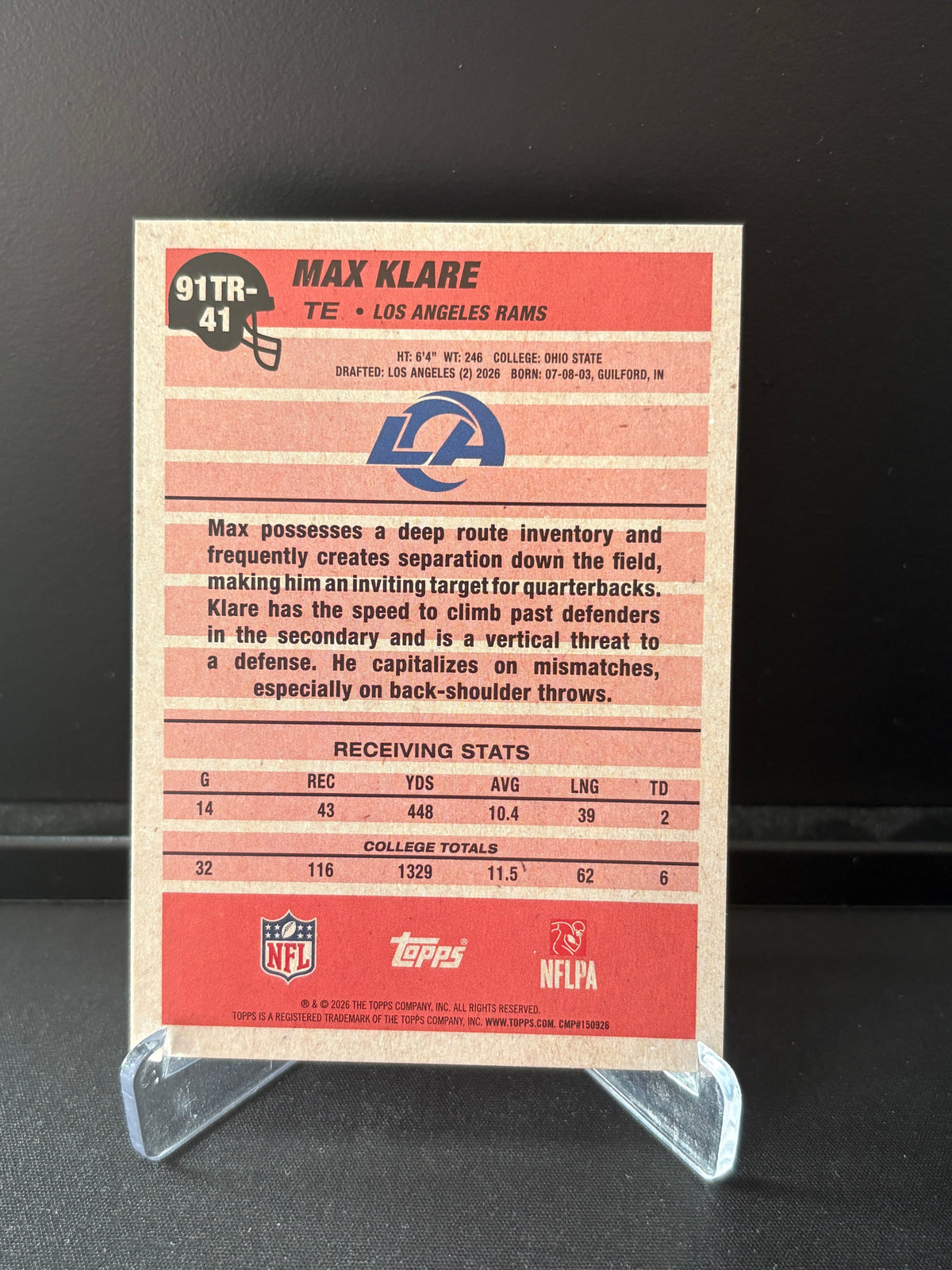 Topps Flagship NFL 2026 – Max Klare RC | 1991 Topps 35th Anniversary