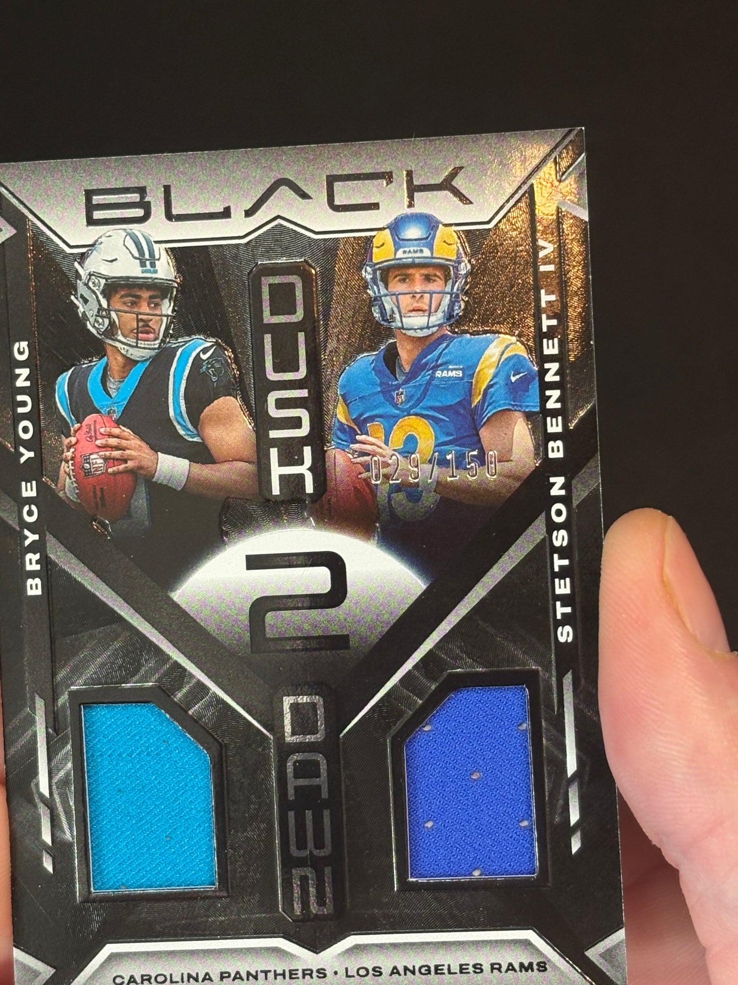 Bryce Young/Stetson Bennett RC 2023 Black "Dusk 2 Dawn" Double Patch 029/150 Panthers/Rams