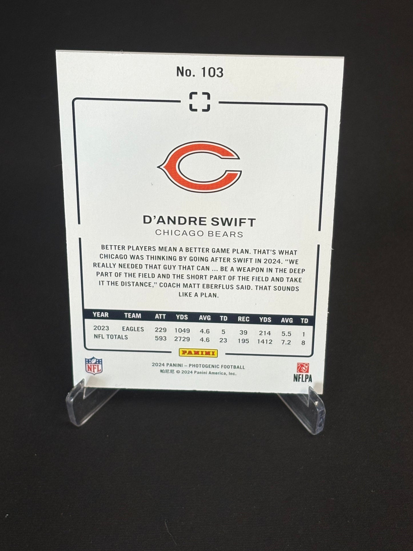 D'Andre Swift Photogenic 2024 "Purple 42/75" Chicago Bears