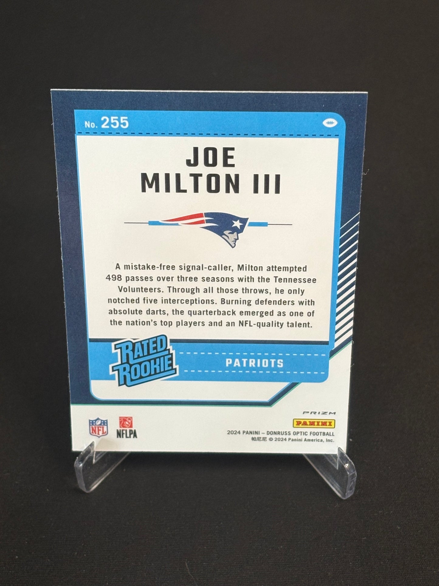 Joe Milton III RC Donruss Optic 2024 "Purple Shock" New England Patriots