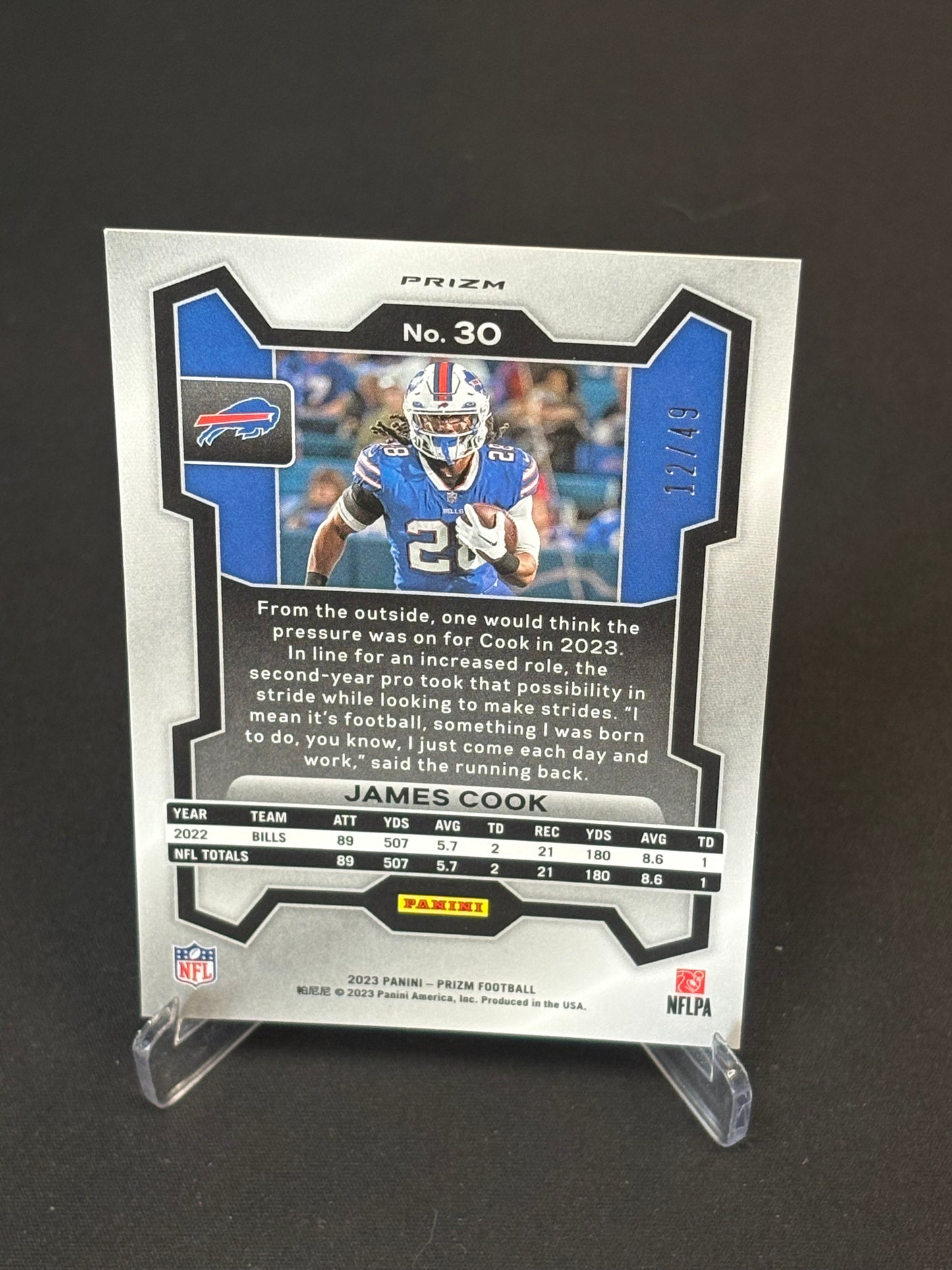 James Cook Prizm 2023 "Purple Powers Prizm 12/49" Buffalo Bills
