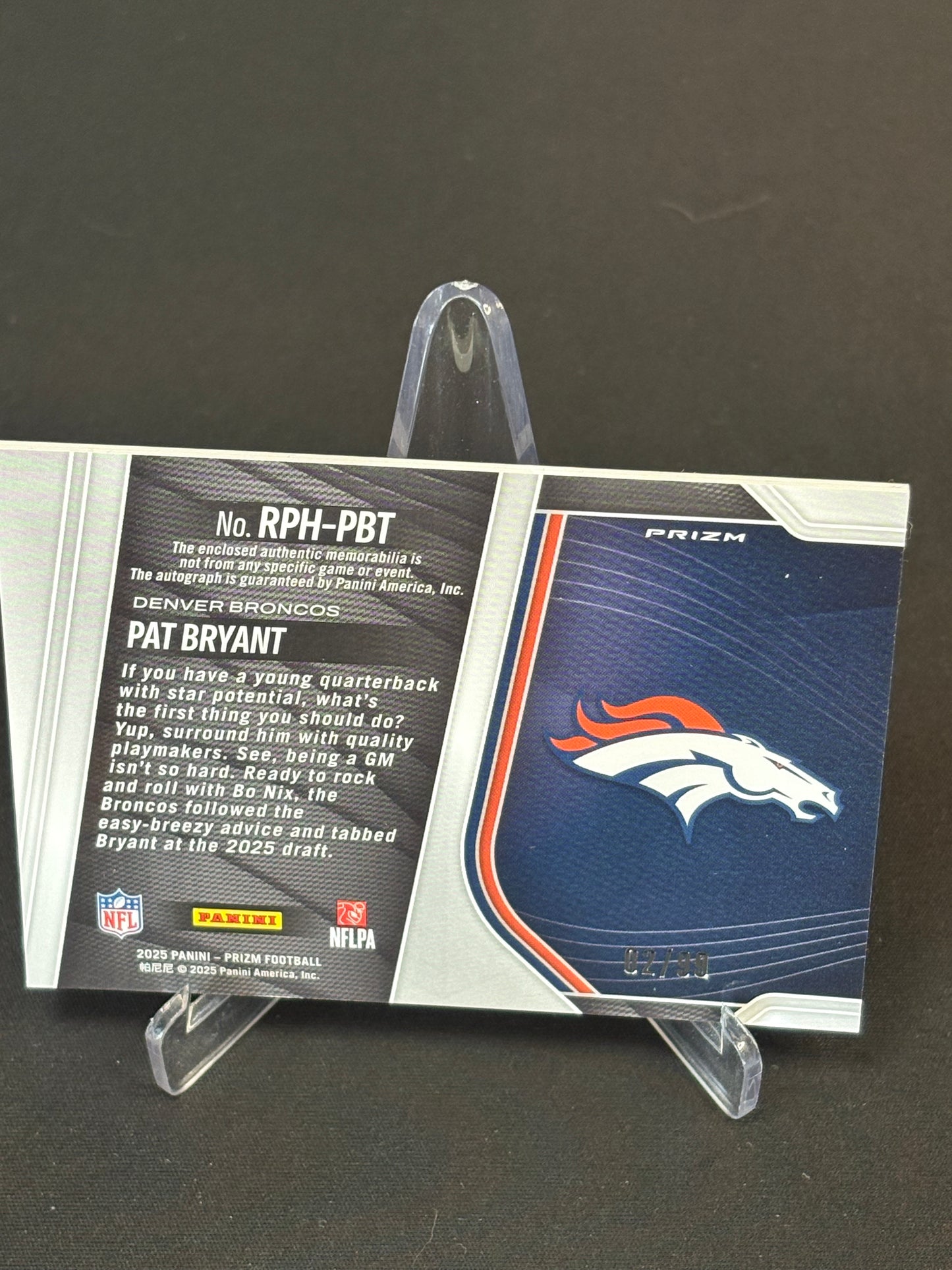 Pat Bryant RC Prizm 2025 "RPA Silver Patch 2 Colors 02/99" Denver Broncos