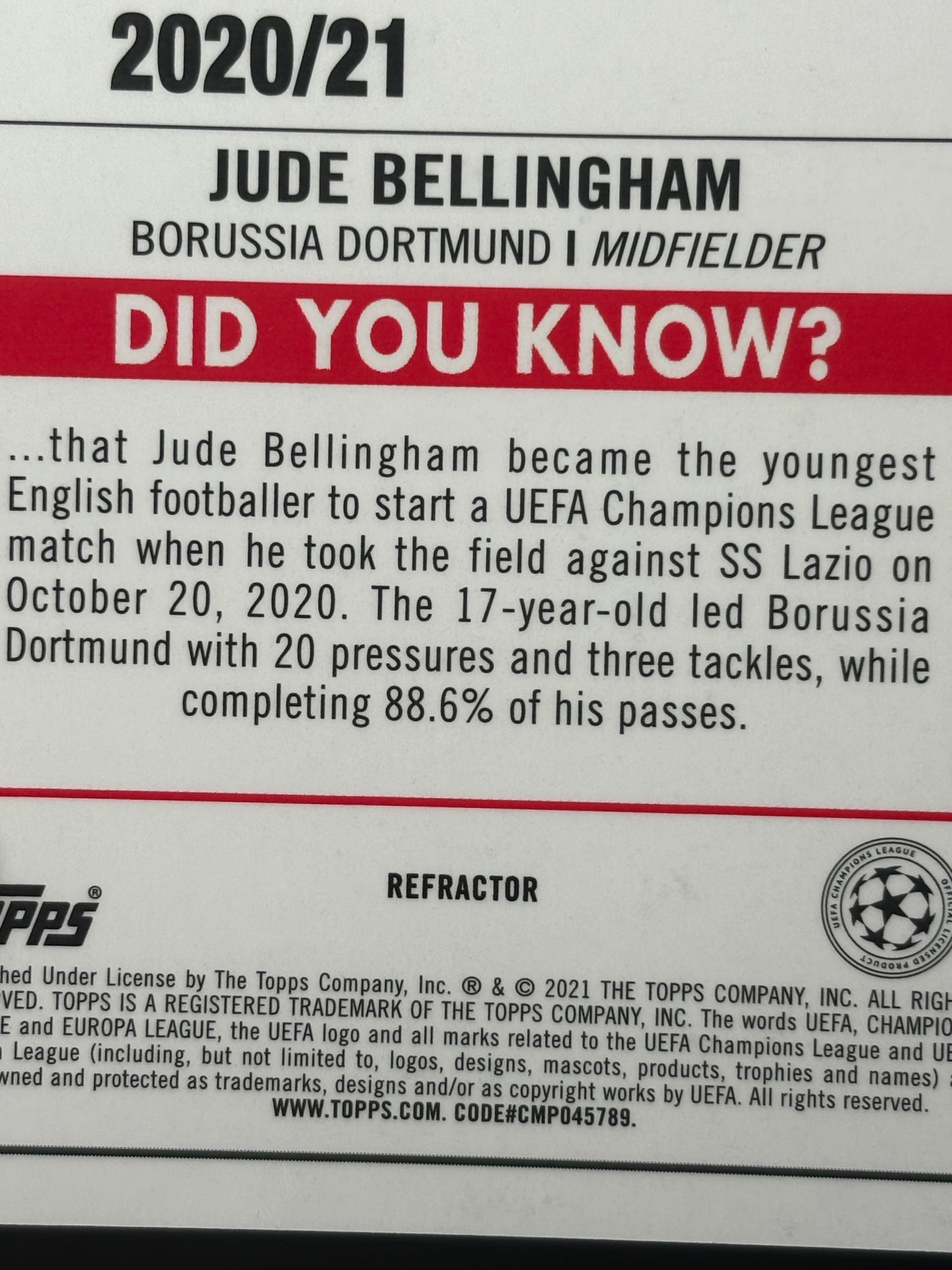 Jude Bellingham RC Topps Merlin 2020 "Refractor" B.Dortmund