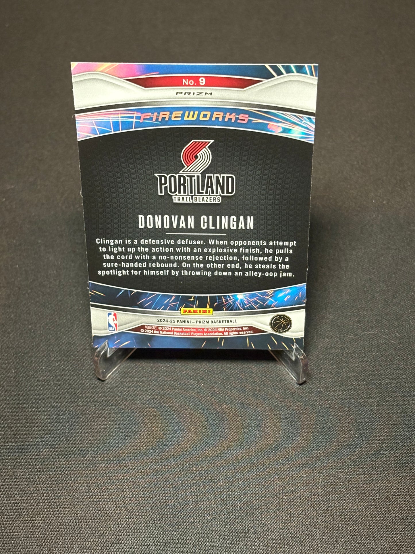Donovan Clingan RC Panini Prizm 2024 "Fireworks Prizm" Portland Trail Blazers