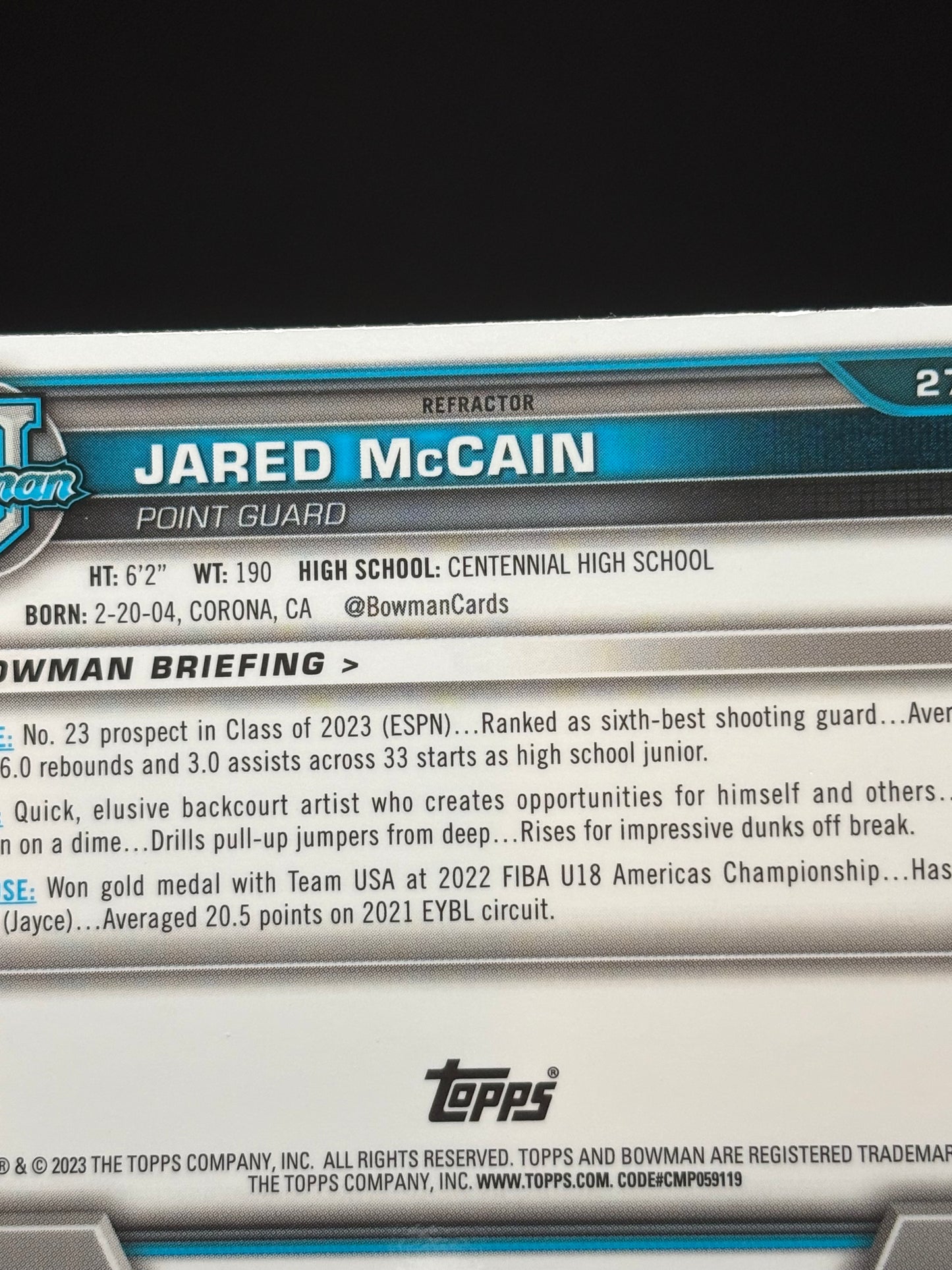 Jared McCain Topps Bowman U 2023 "Refractor" Centennial HS