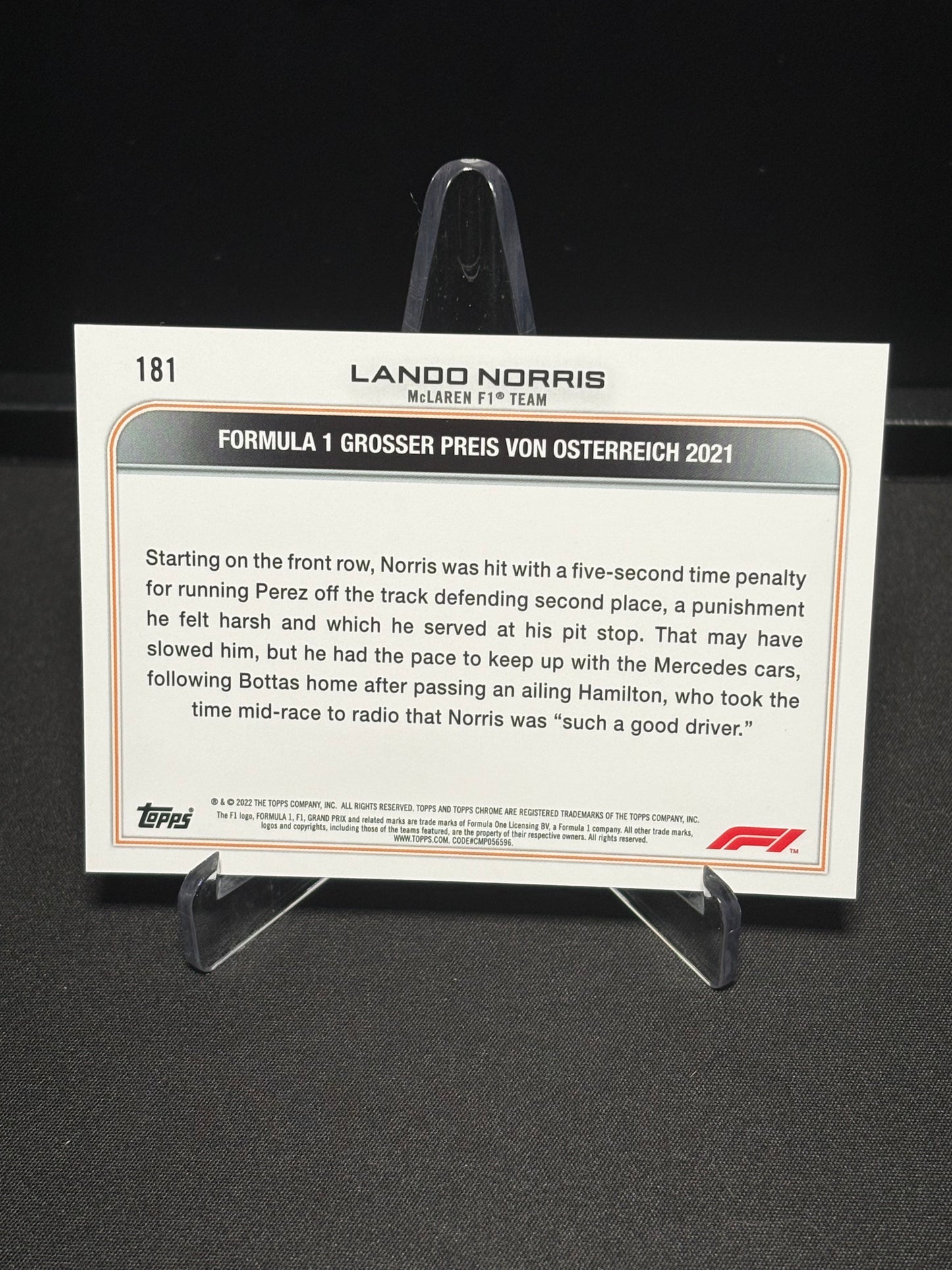 Lando Norris Topps Chrome F1 2022 "Driver of the Day #181"