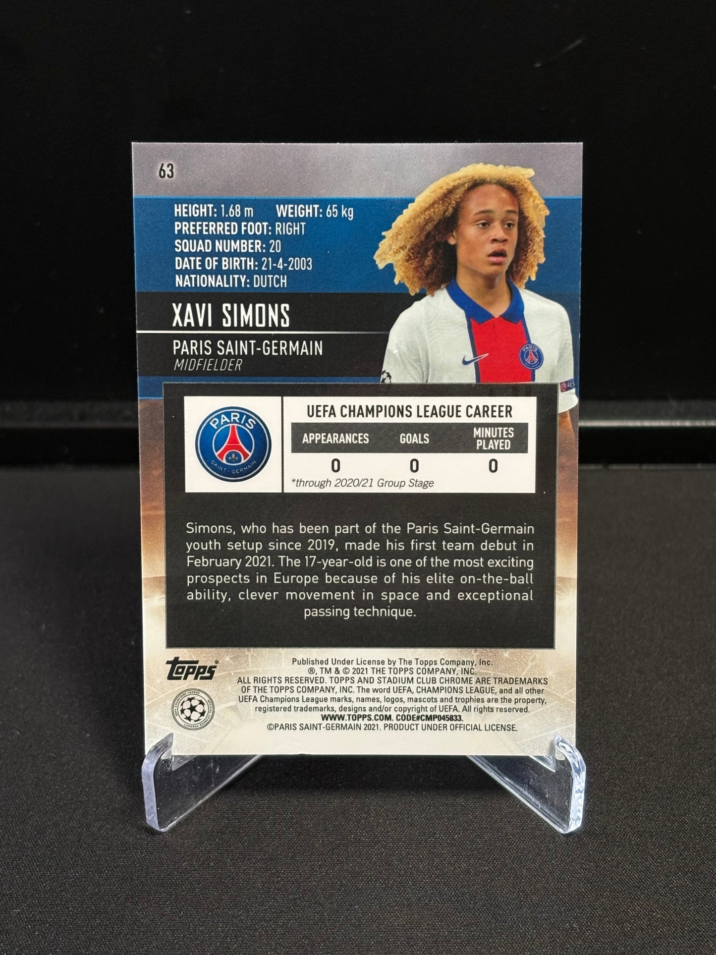 Xavi Simons RC Topps Stadium Club 2020 "Base" PSG