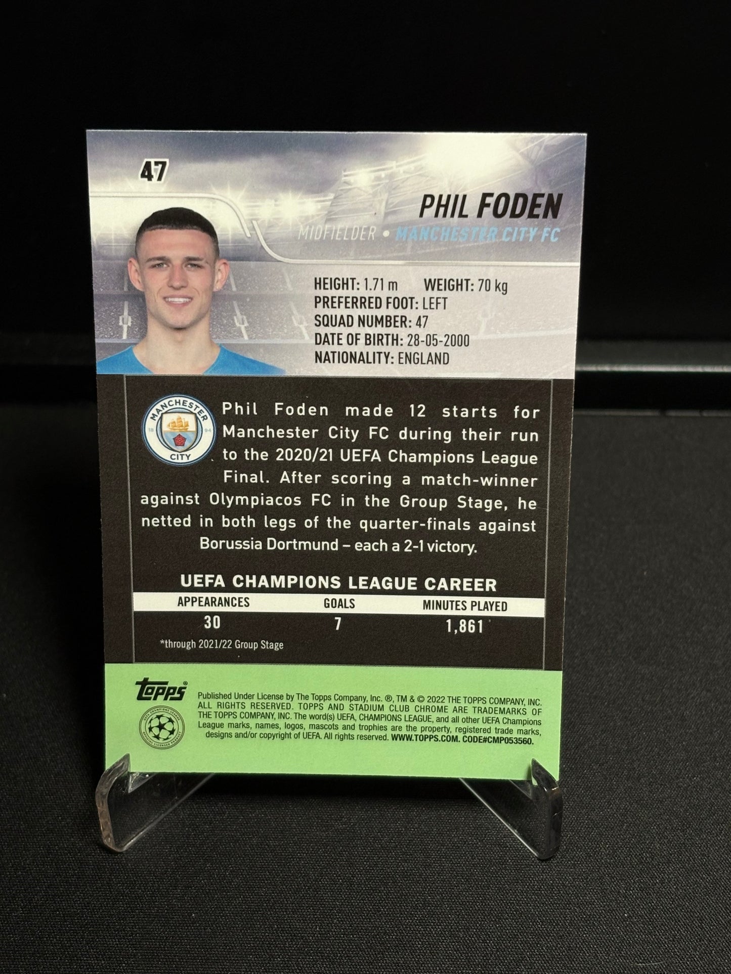 Phil Foden Topps Stadium Club 2021-22 "Pink Red Electric Charge" Manchester City
