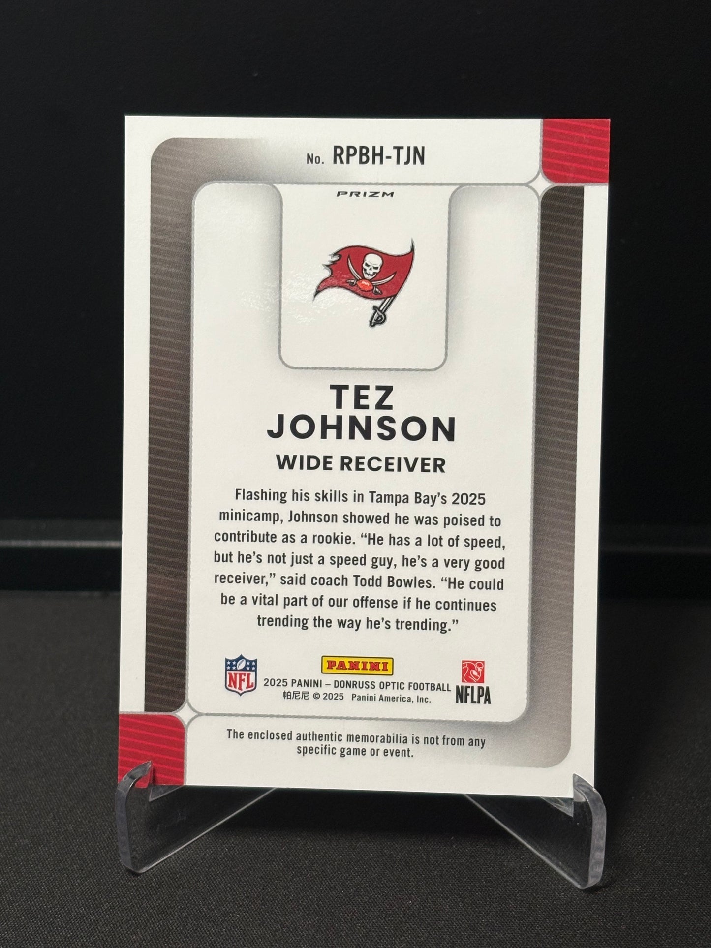 Tez Johnson RC Panini Donruss Optic 2025 "Rookie Phenom" Tampa Bay Buccanneers