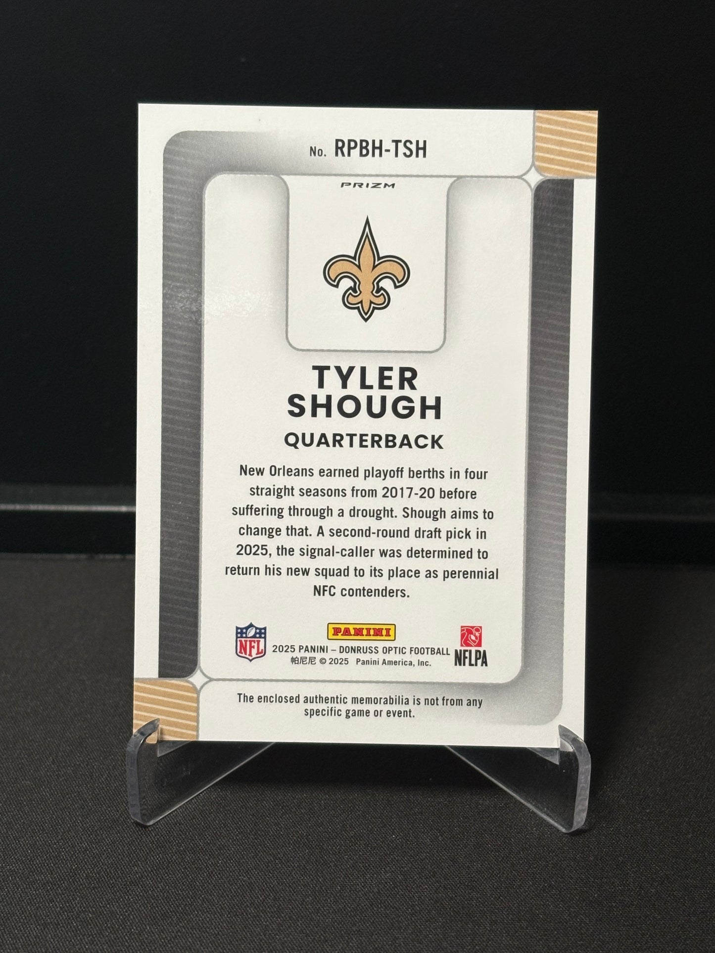 Tyler Shough RC Panini Donruss Optic 2025 "Rookie Phenom" New Orleans Saints