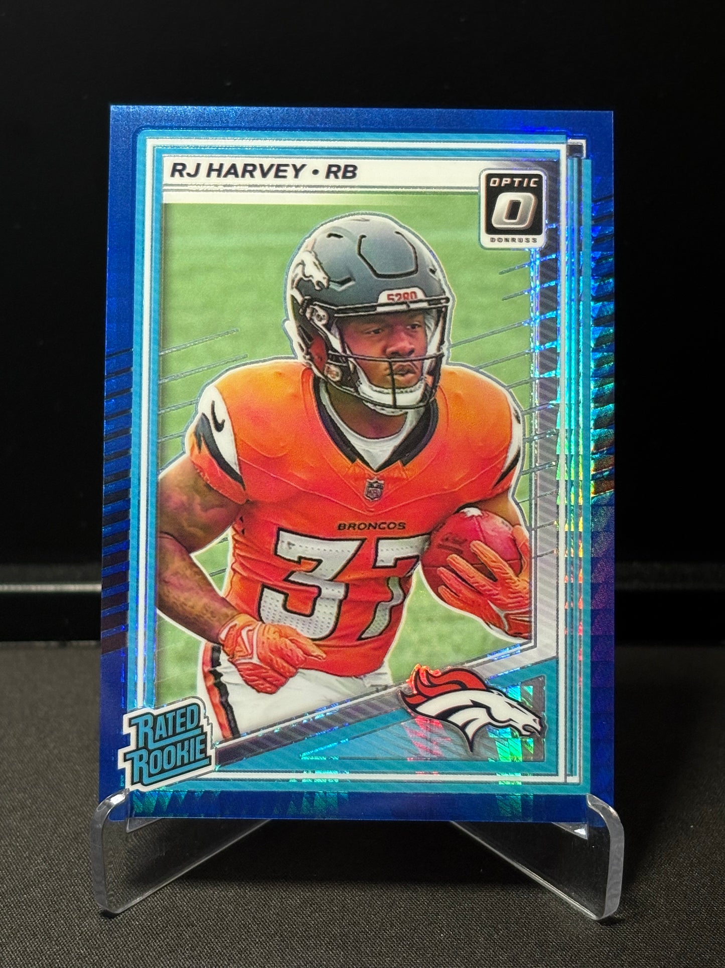 RJ Harvey RC Donruss Optic 2025 "Blue Hyper" Denver Broncos