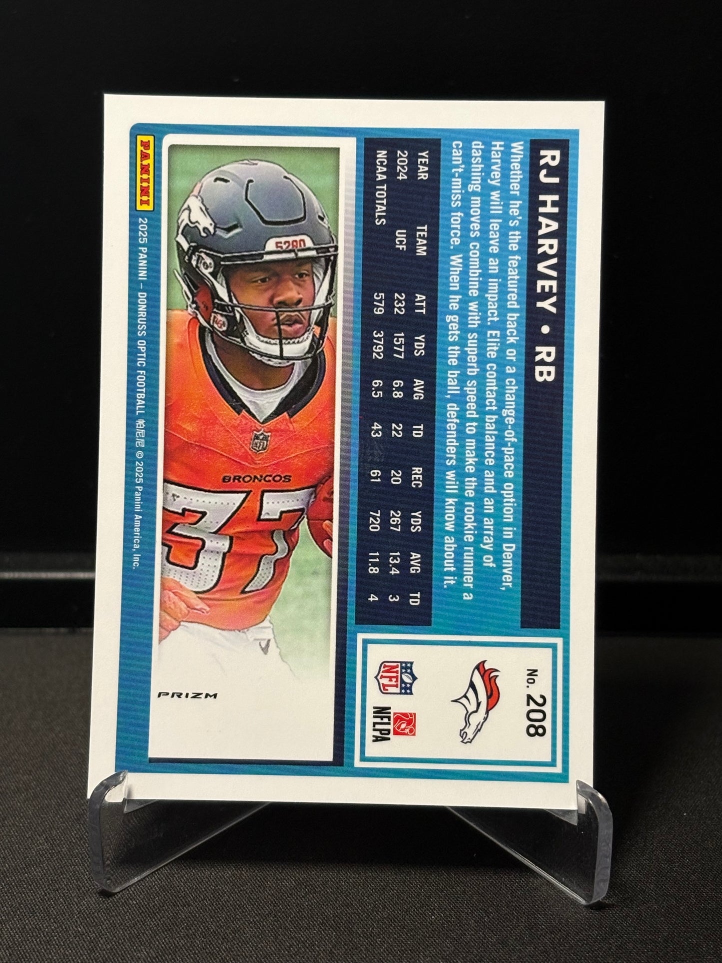 RJ Harvey RC Donruss Optic 2025 "Blue Hyper" Denver Broncos